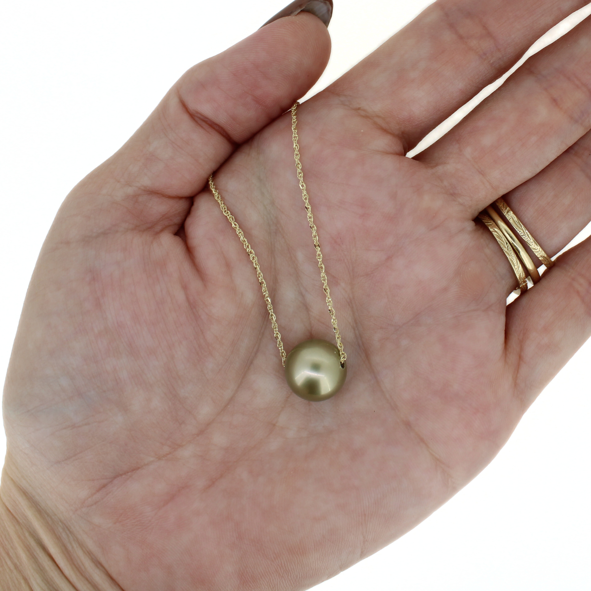 14K Gold Green Tahitian Pearl Floating Necklace 18"