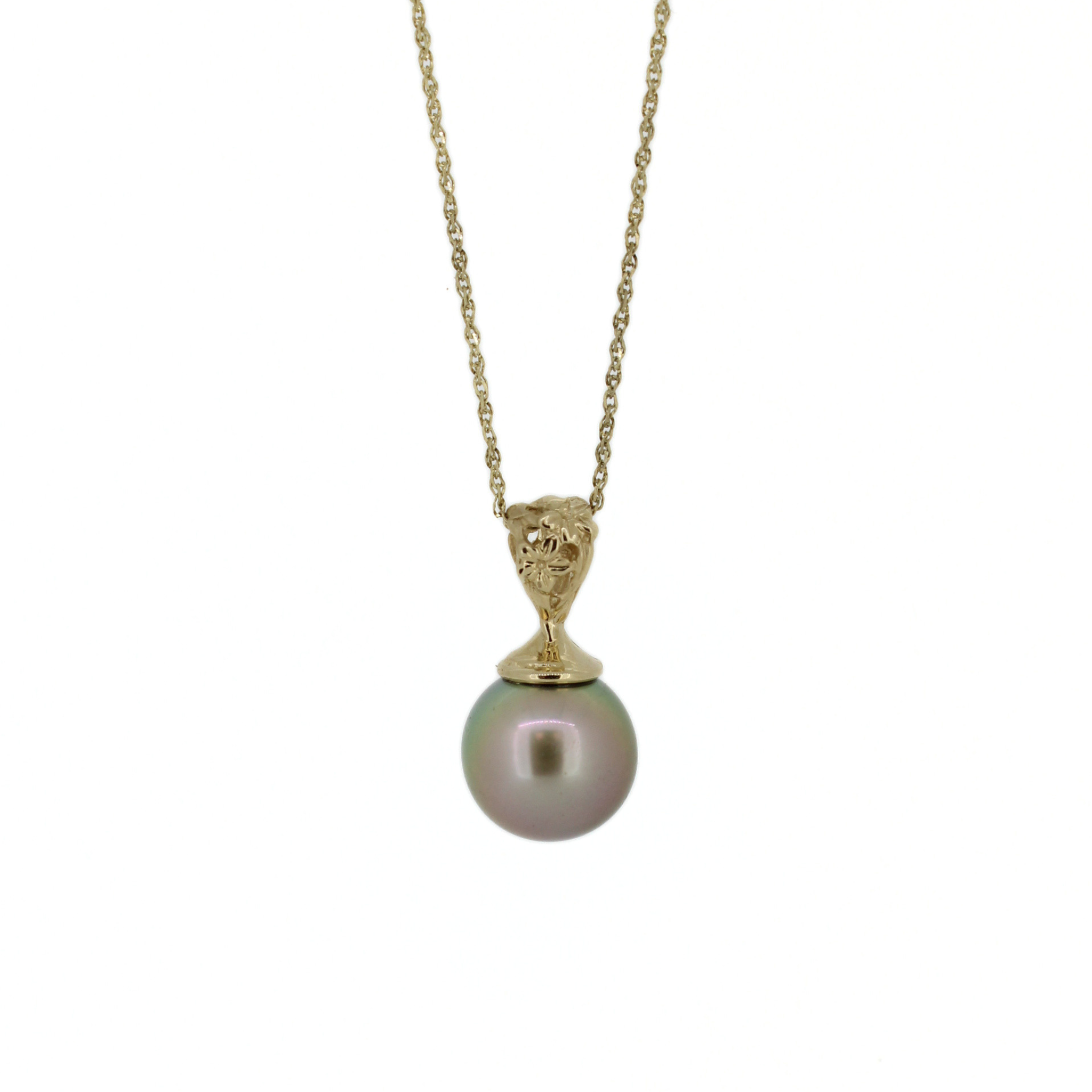 14k gold necklace featuring a peacock green Tahitian pearl with a detailed plumeria flower bail.