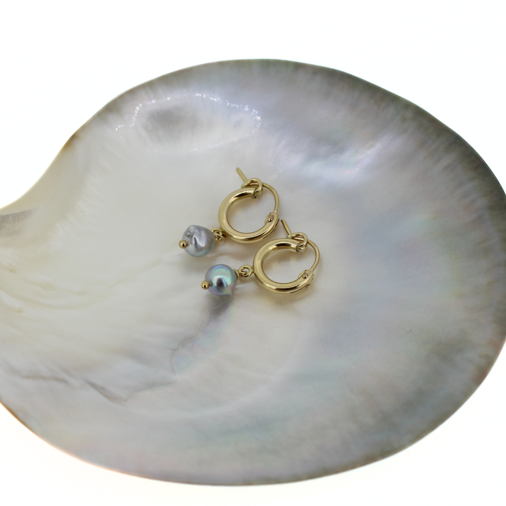Brianne & Co. 14k gold fill 12mm hoop earrings featuring tiny blue akoya pearls