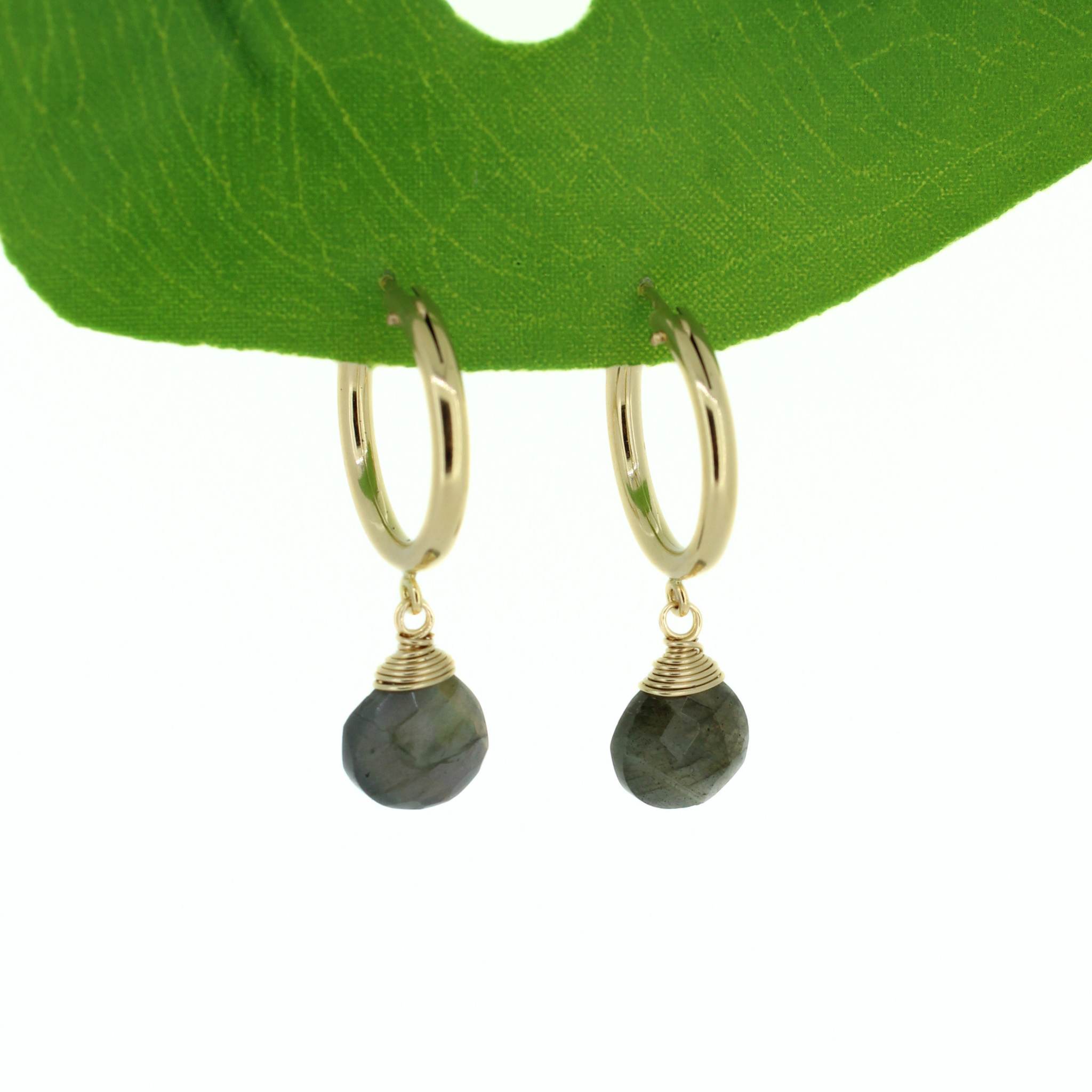 Brianne & Co. 14k gold fill 18mm hoop earrings with faceted labradorite gemstones