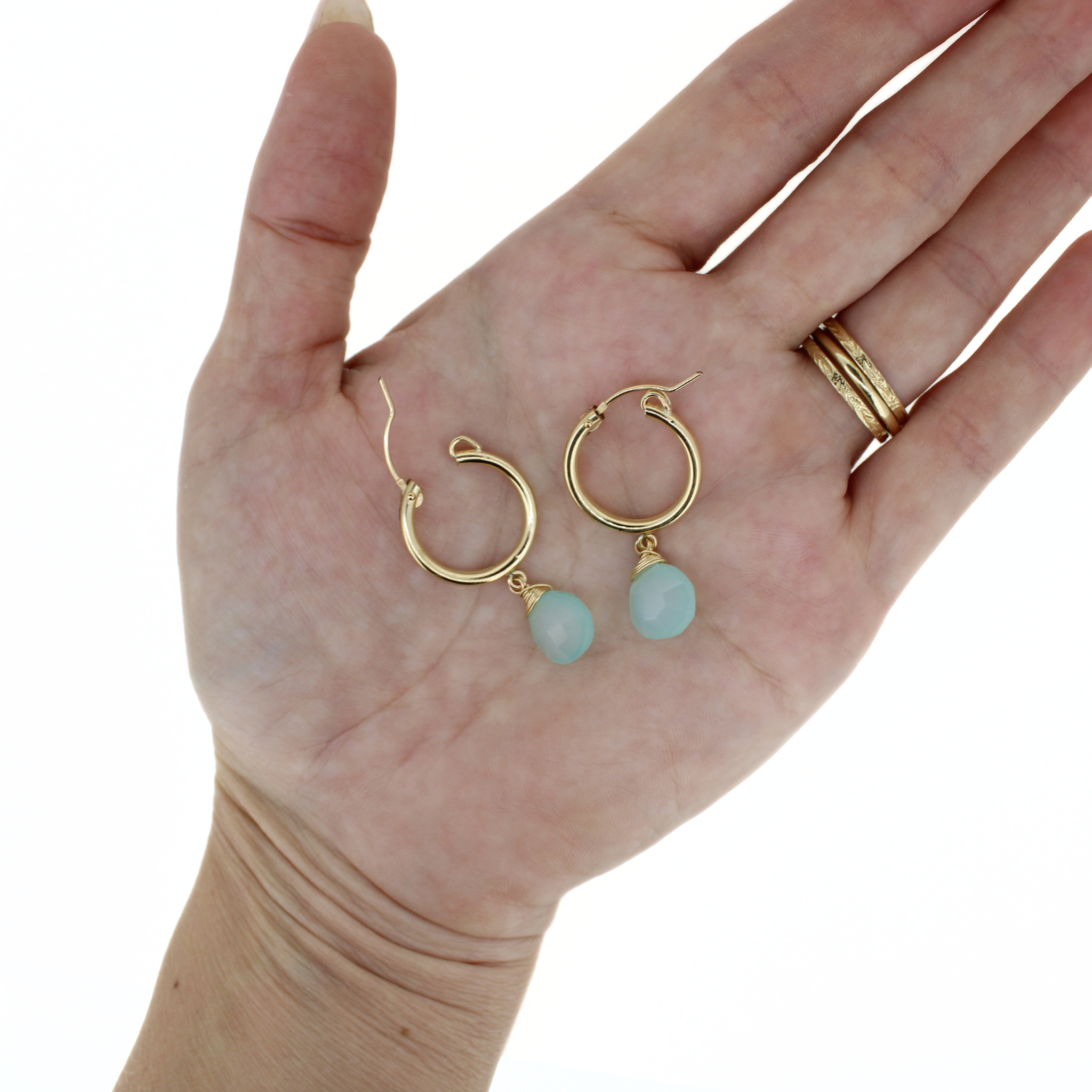 Gold 18mm Hoops w/ Blue Chalcedony