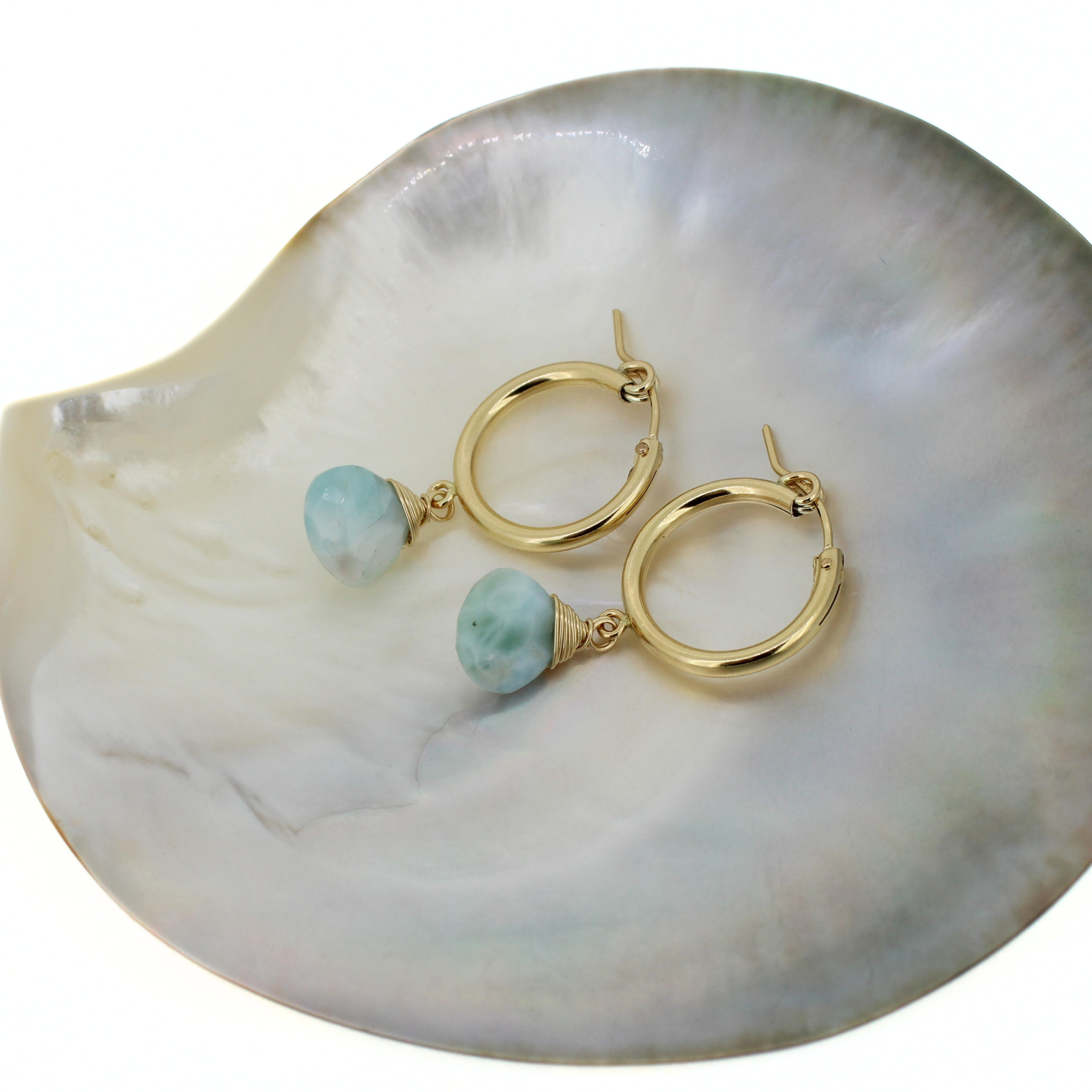 Brianne & co. 14k gold fill 18mm hoop earrings featuring faceted blue larimar gemstones