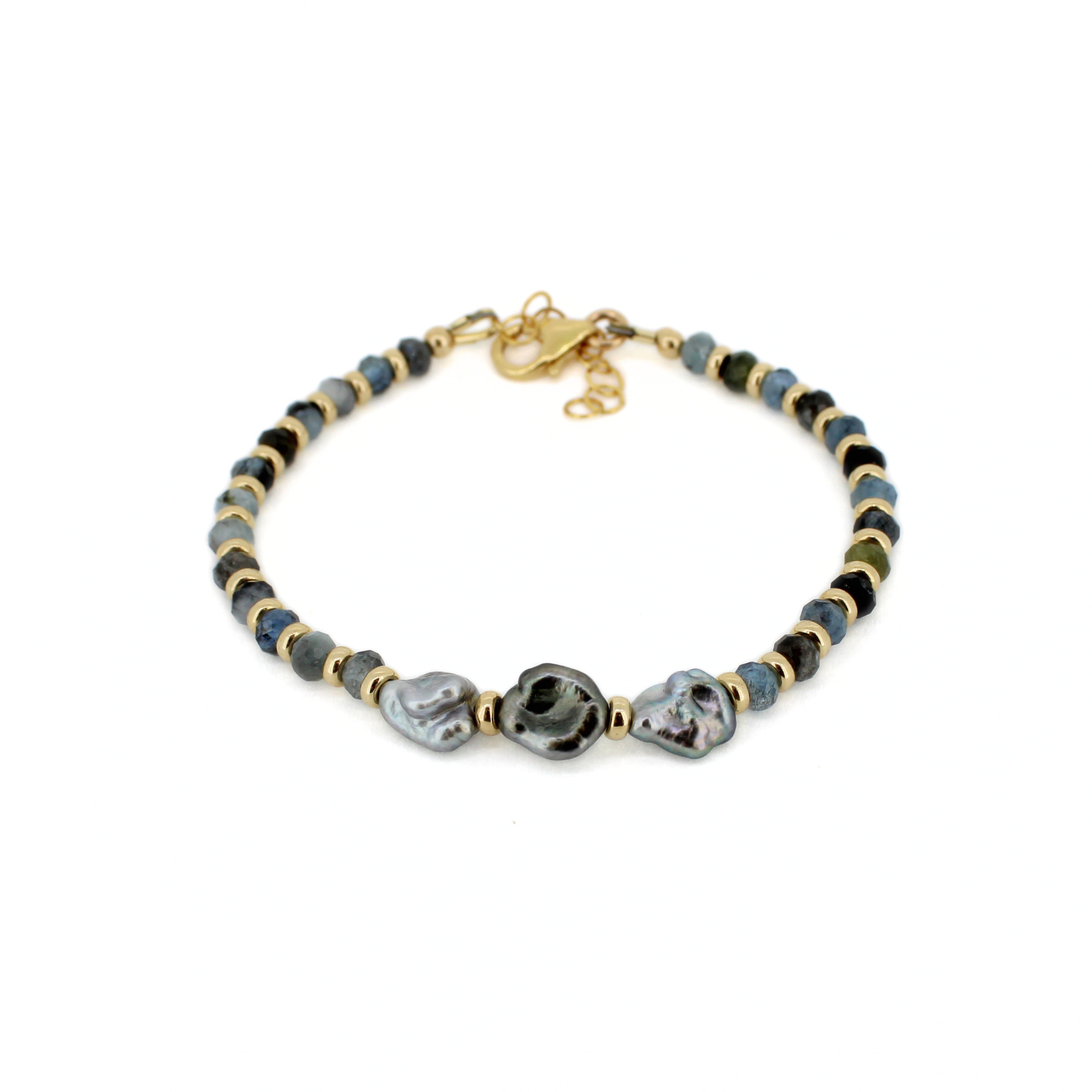 Brianne & Co. 14k gold fill dark aquamarine and Tahitian keshi pearl bracelet