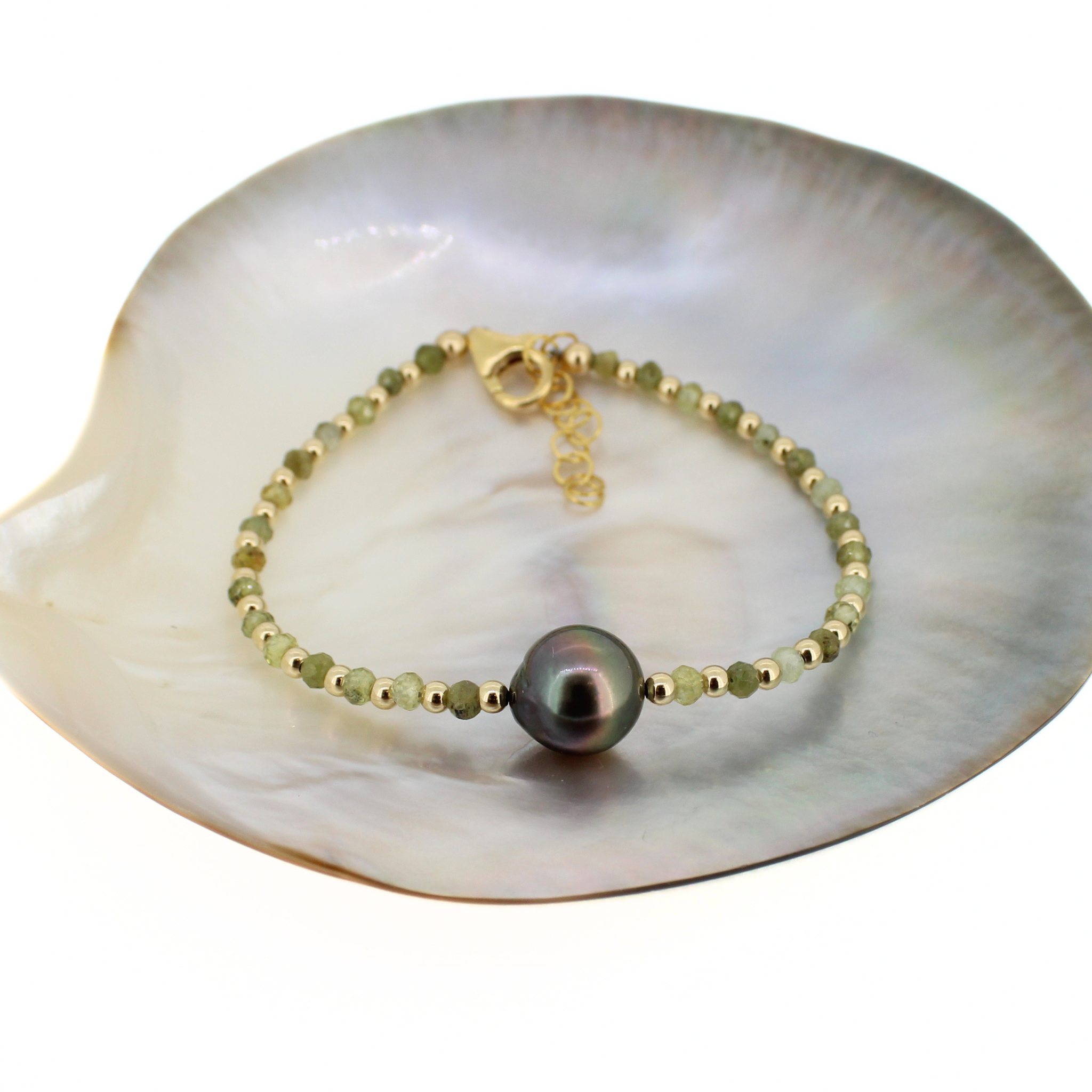 Gold Green Garnet & Tahitian Pearl Bracelet Size Small