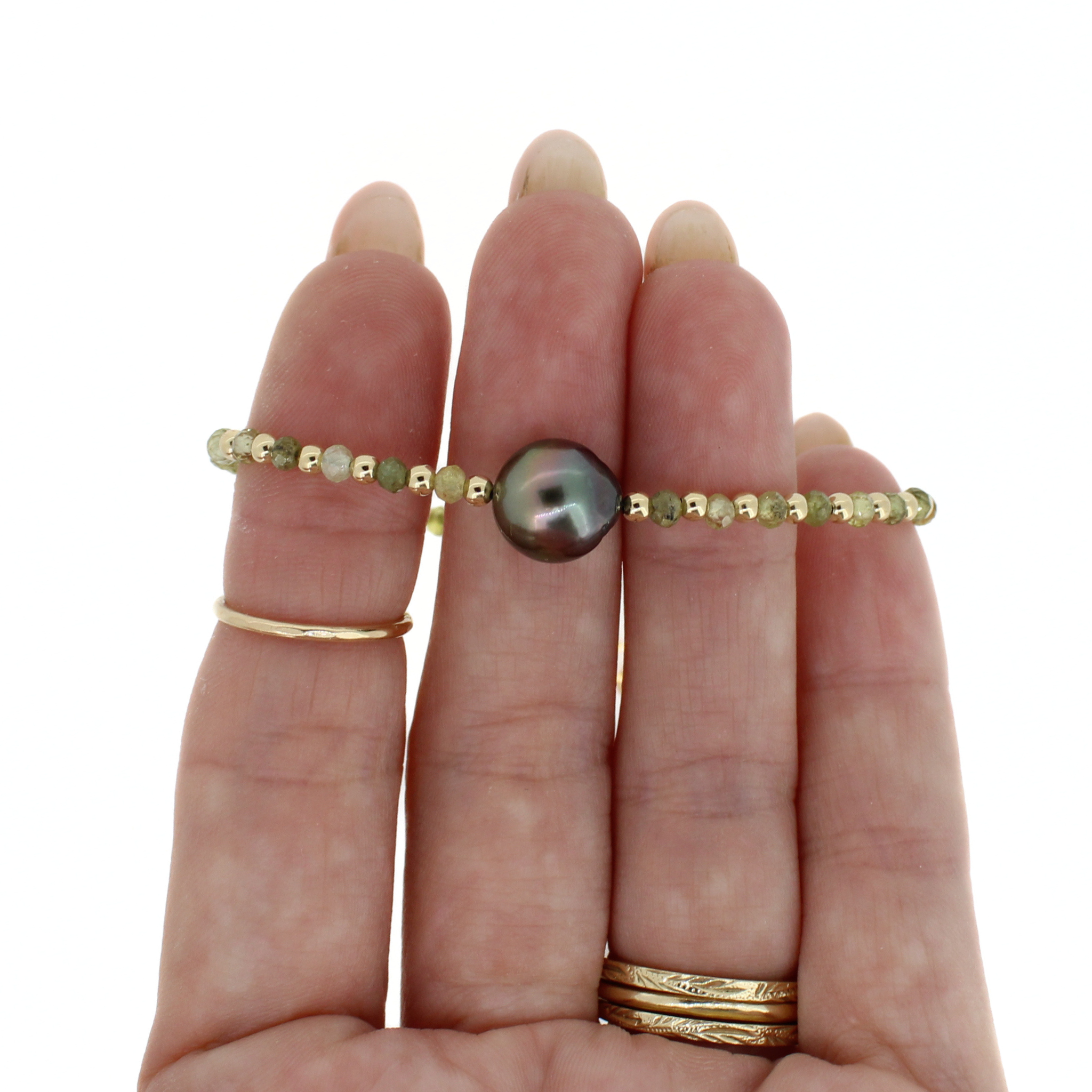 Gold Green Garnet & Tahitian Pearl Bracelet Size Small