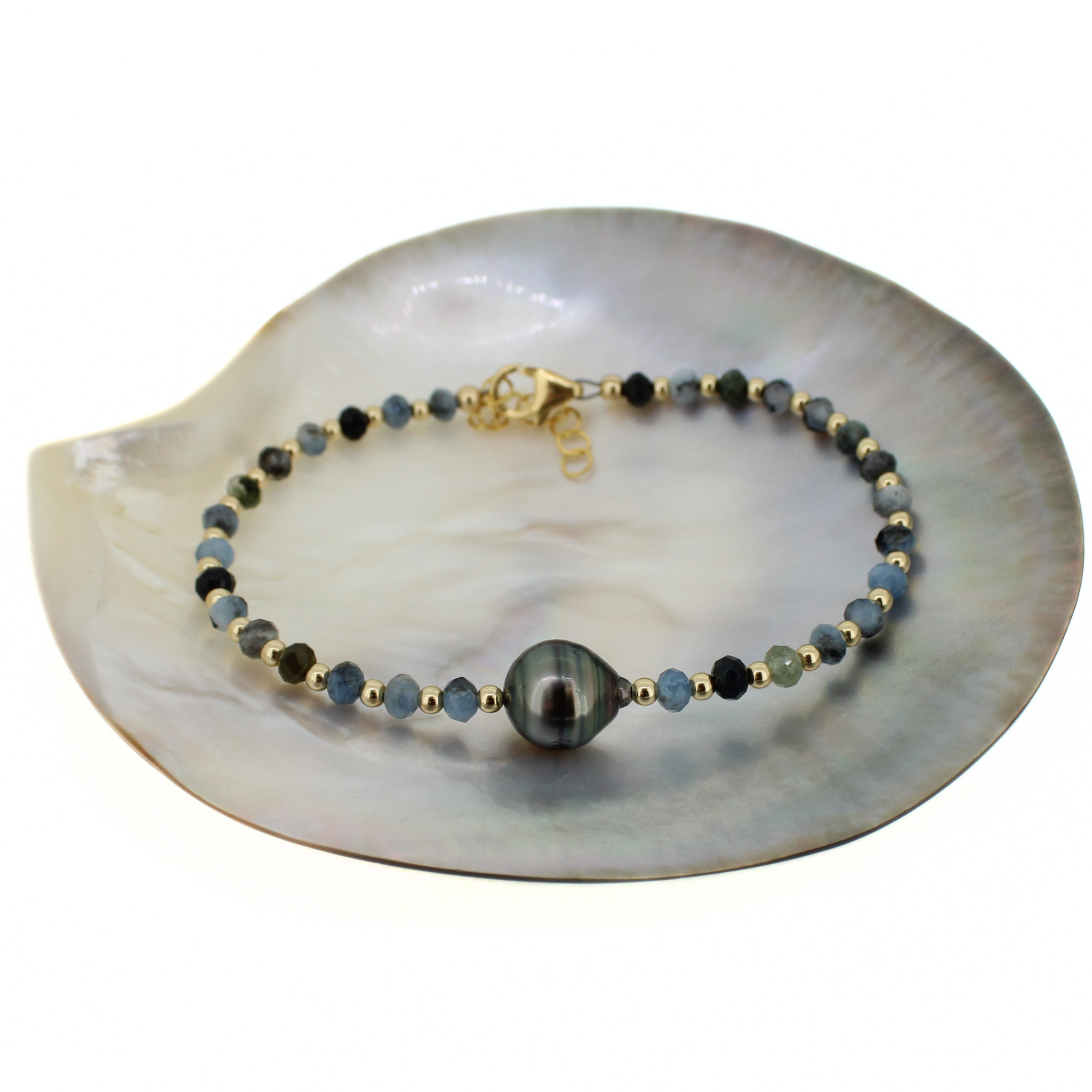 Brianne & Co. 14k gold fill dark blue aquamarine bracelet featuring a genuine Tahitian pearl