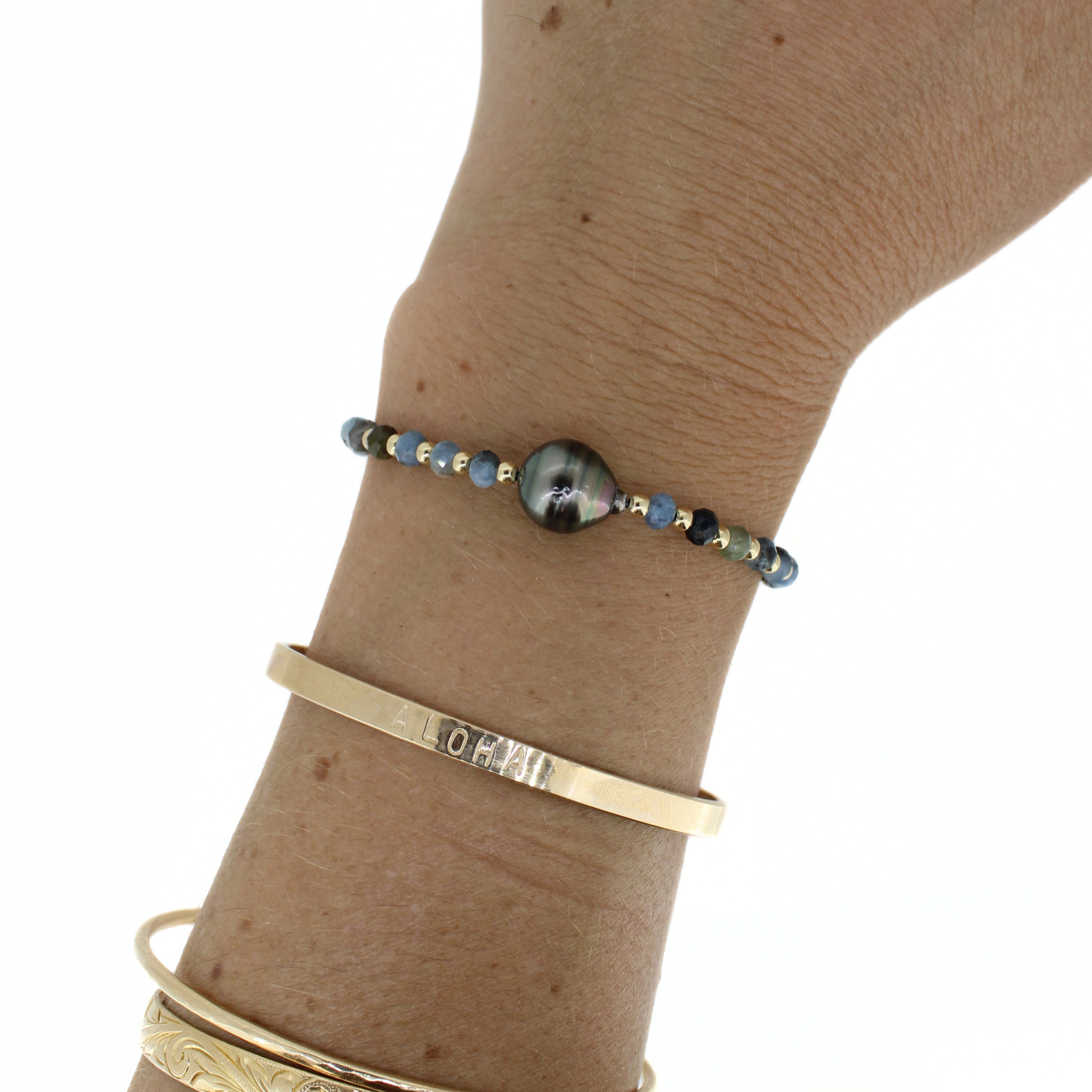 Gold Aquamarine & Tahitian Pearl Bracelet Size Medium