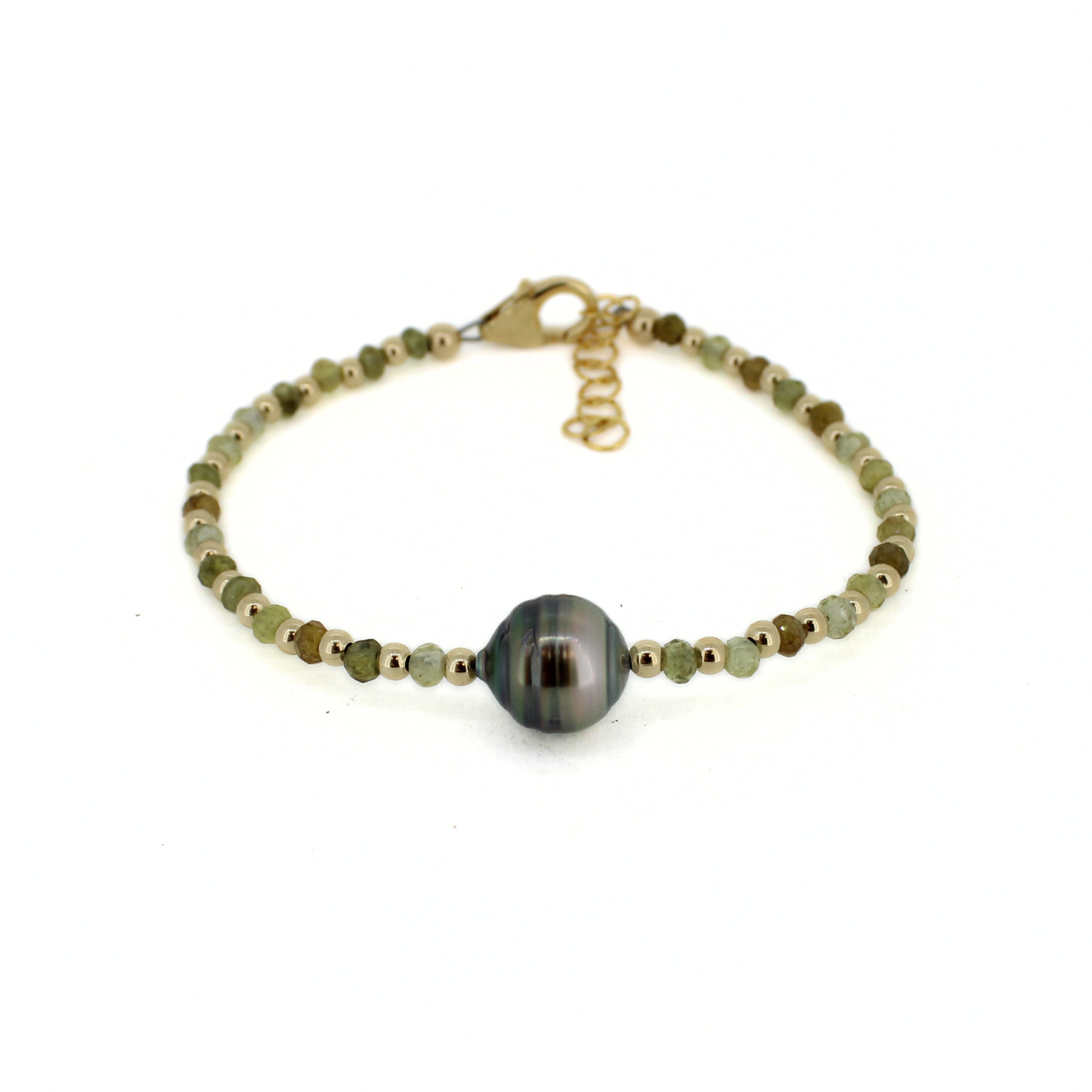 Gold beaded bracelet with round dark Tahitian-style pearl center and extender chain