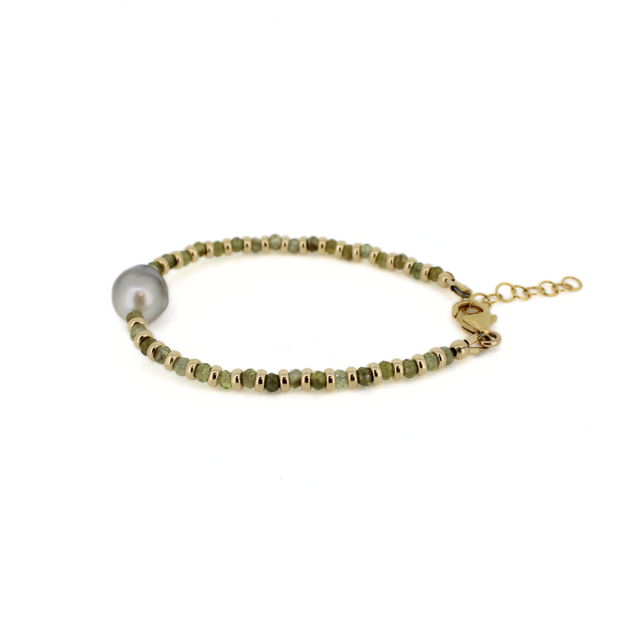 Gold Green Garnet & Tahitian Pearl Bracelet Size Small