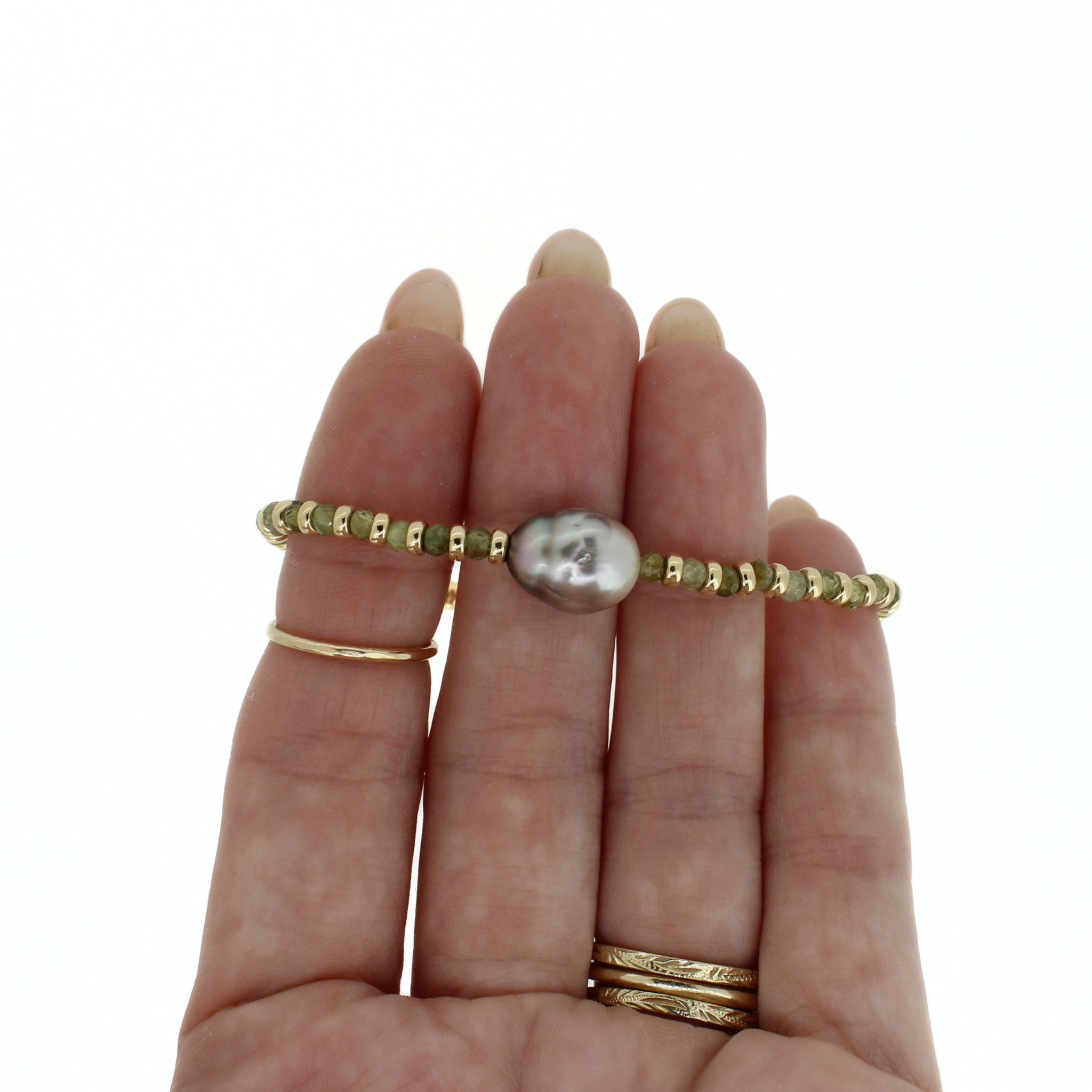 Gold Green Garnet & Tahitian Pearl Bracelet Size Small