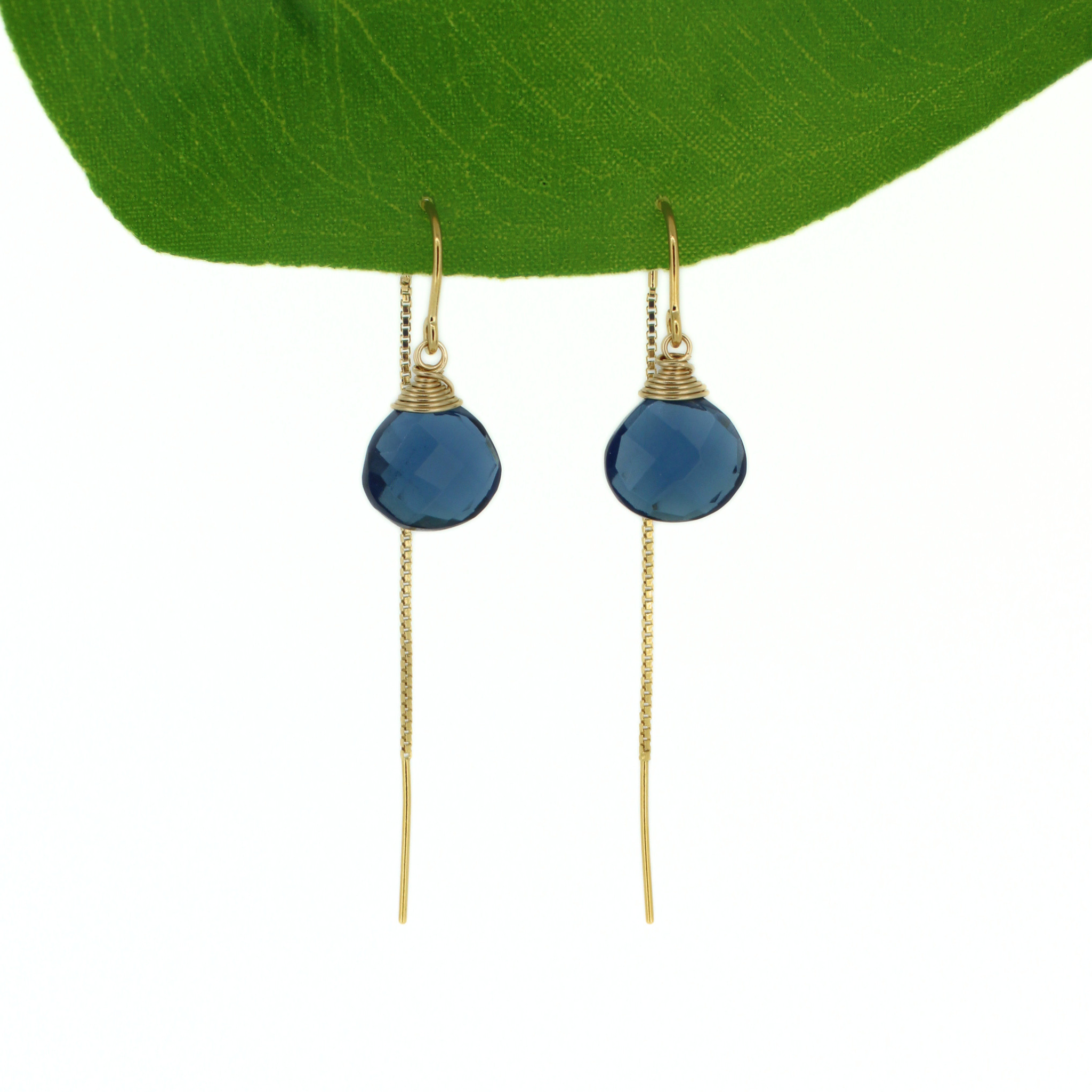 Brianne & Co. 14k gold fill threader drop earrings with blue faceted quartz teardrops