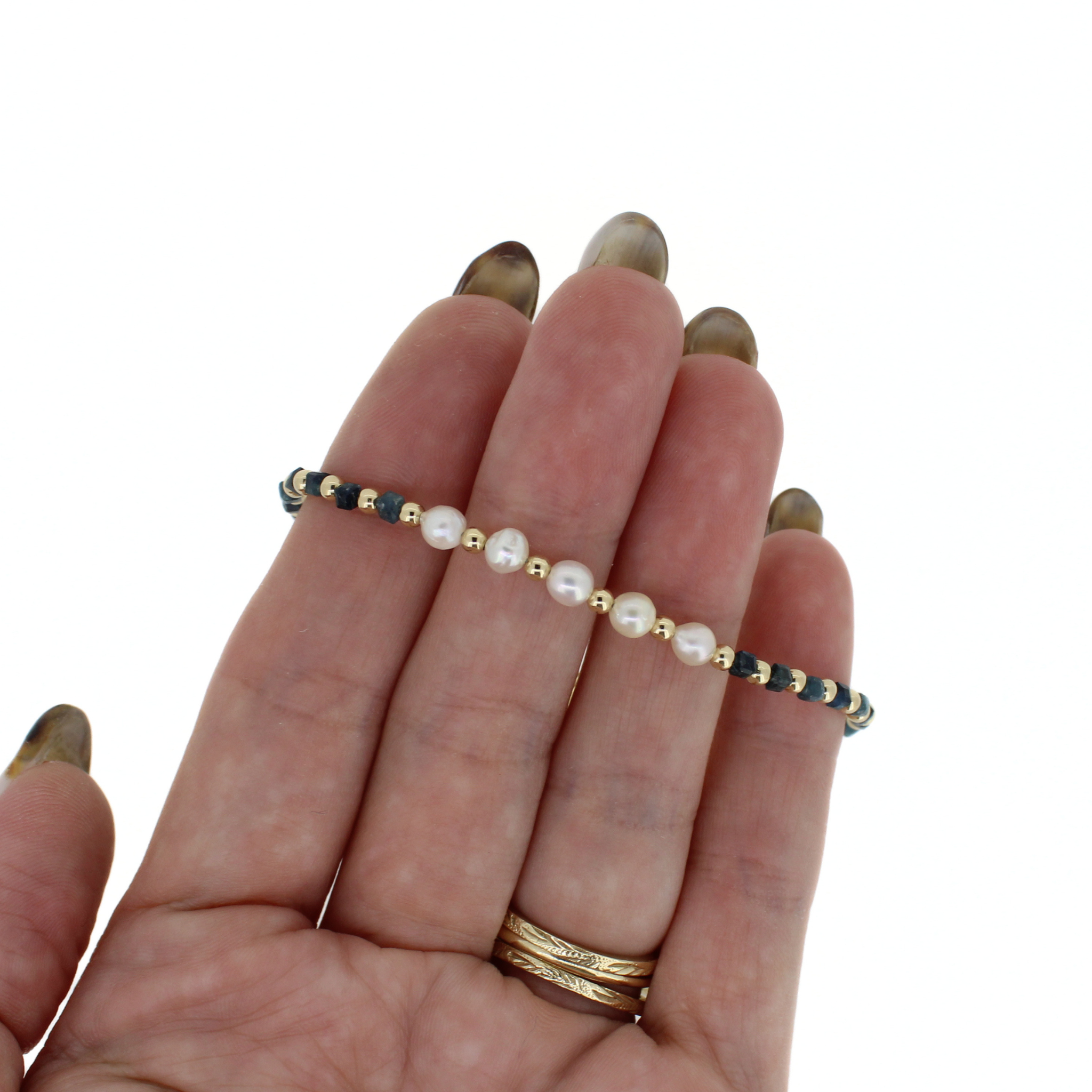 Gold Akoya Pearl & Blue Tourmaline Bracelet Size Medium