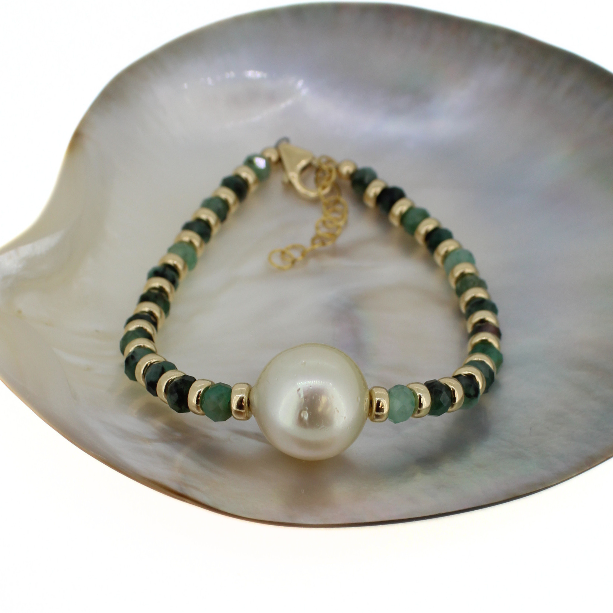 Brianne & Co. 14k gold fill emerald and golden south sea pearl bracelet