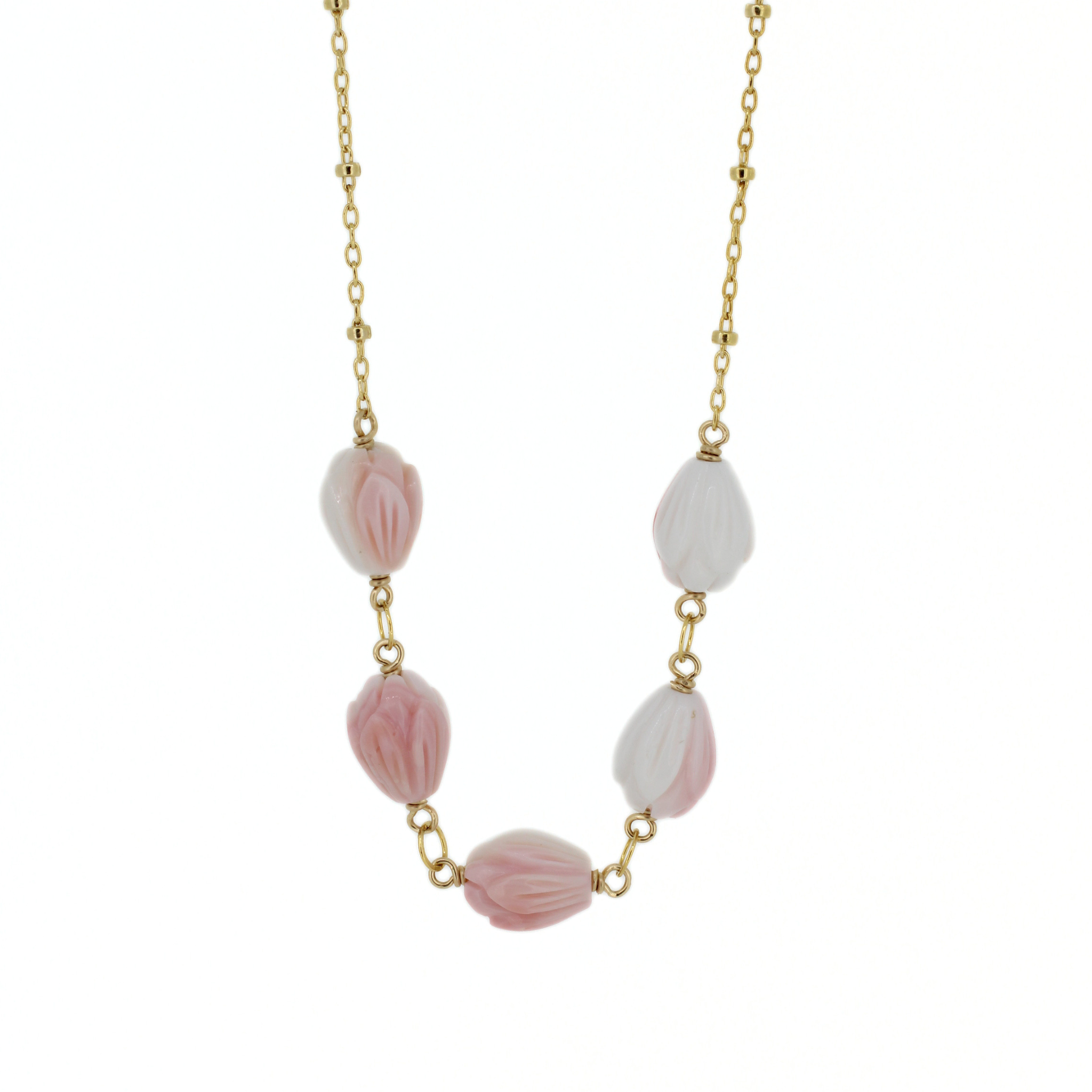 Brianne & Co. 14k gold fill necklace featuring five pink and white hand carved pikake flower conch shell beads