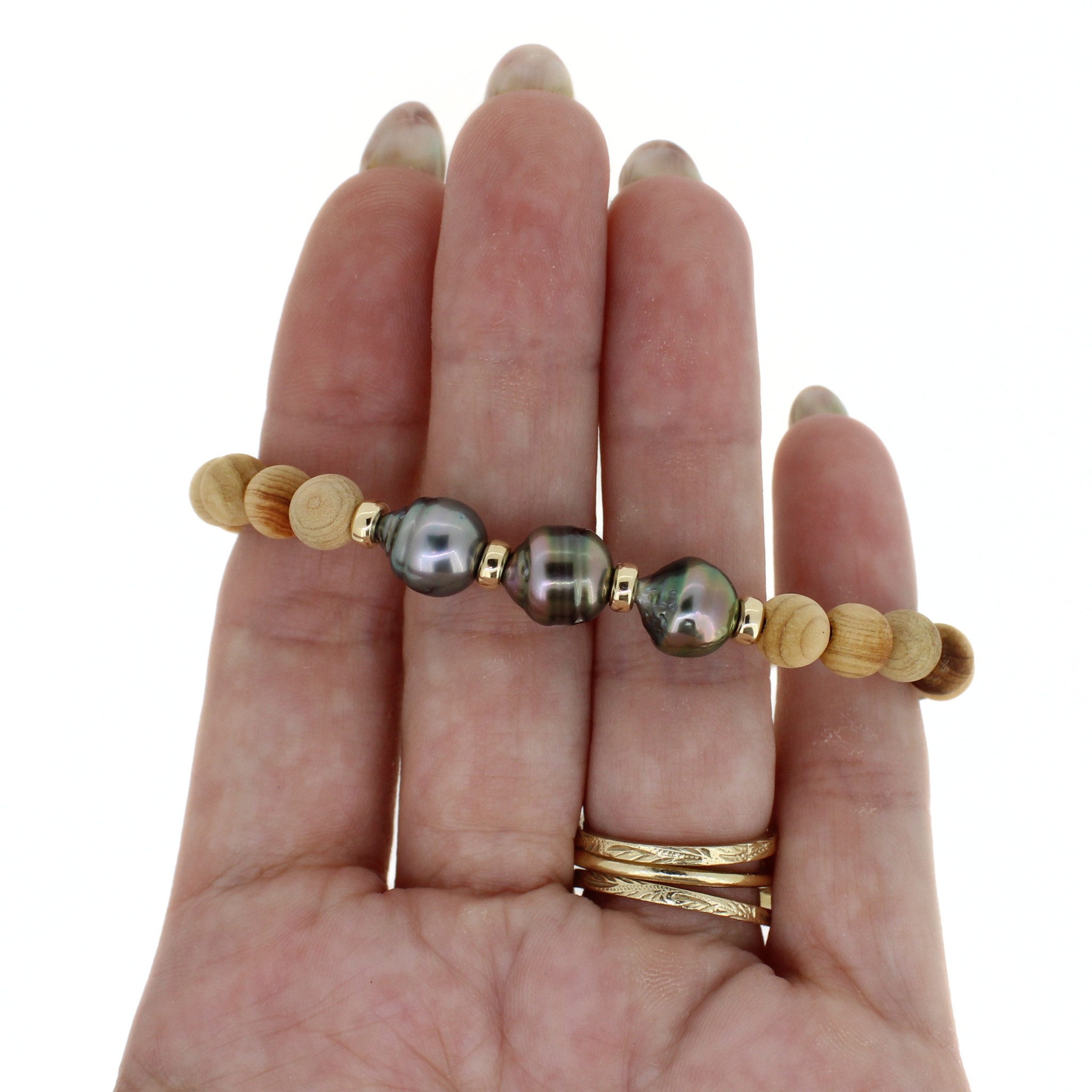 Triple Tahitian Pearl Sandalwood Bracelet Size Medium