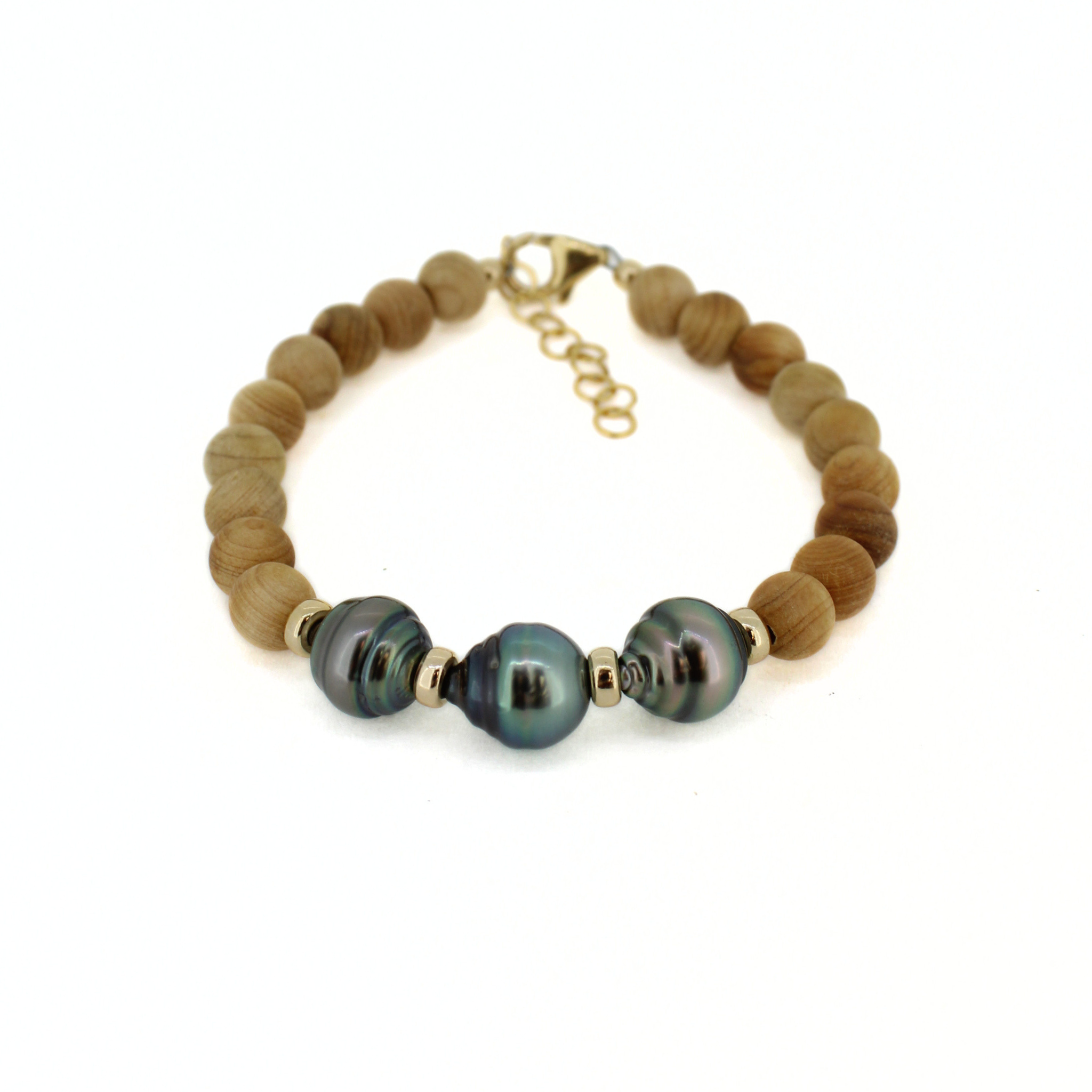 Brianne & Co. gold sandalwood bracelet with three genuine Tahitian pearls