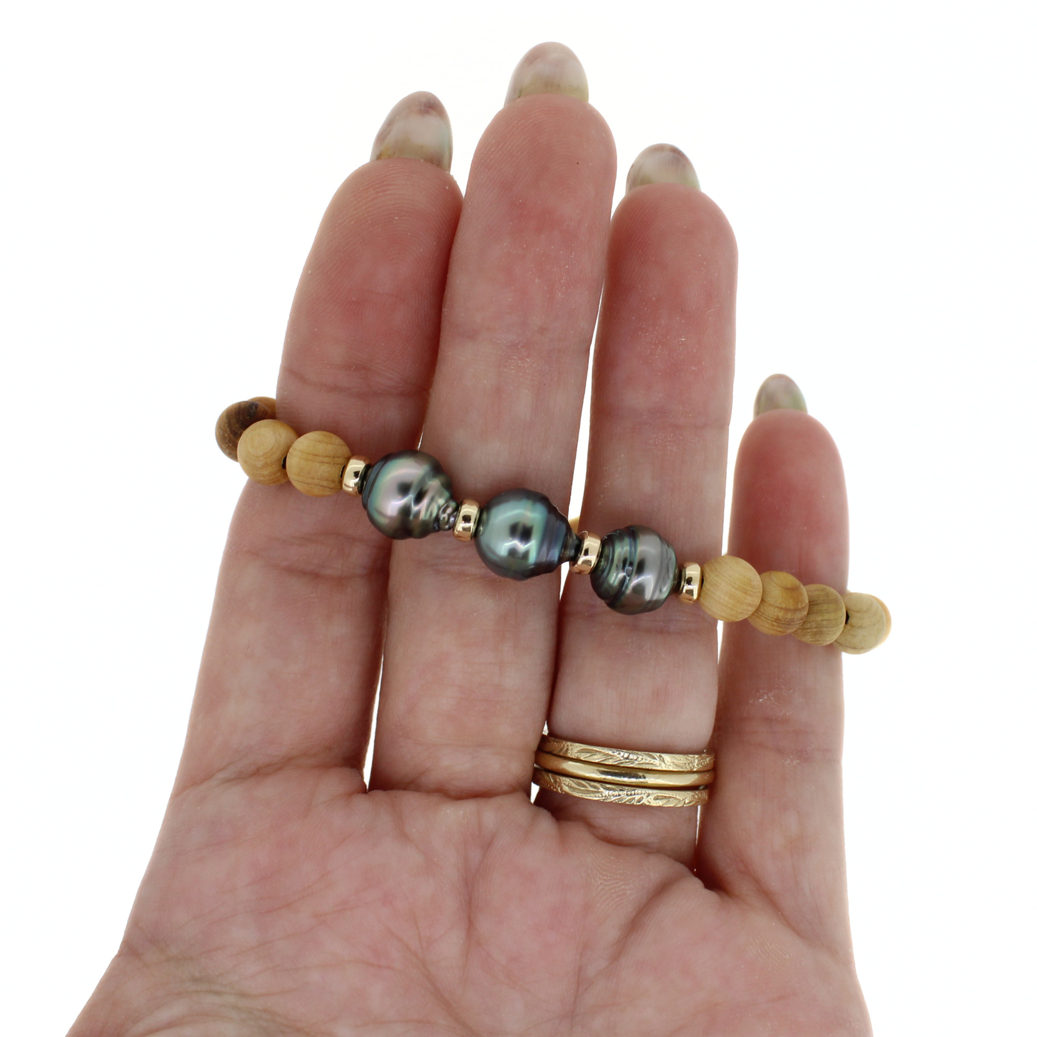 Triple Tahitian Pearl Sandalwood Bracelet Size Small