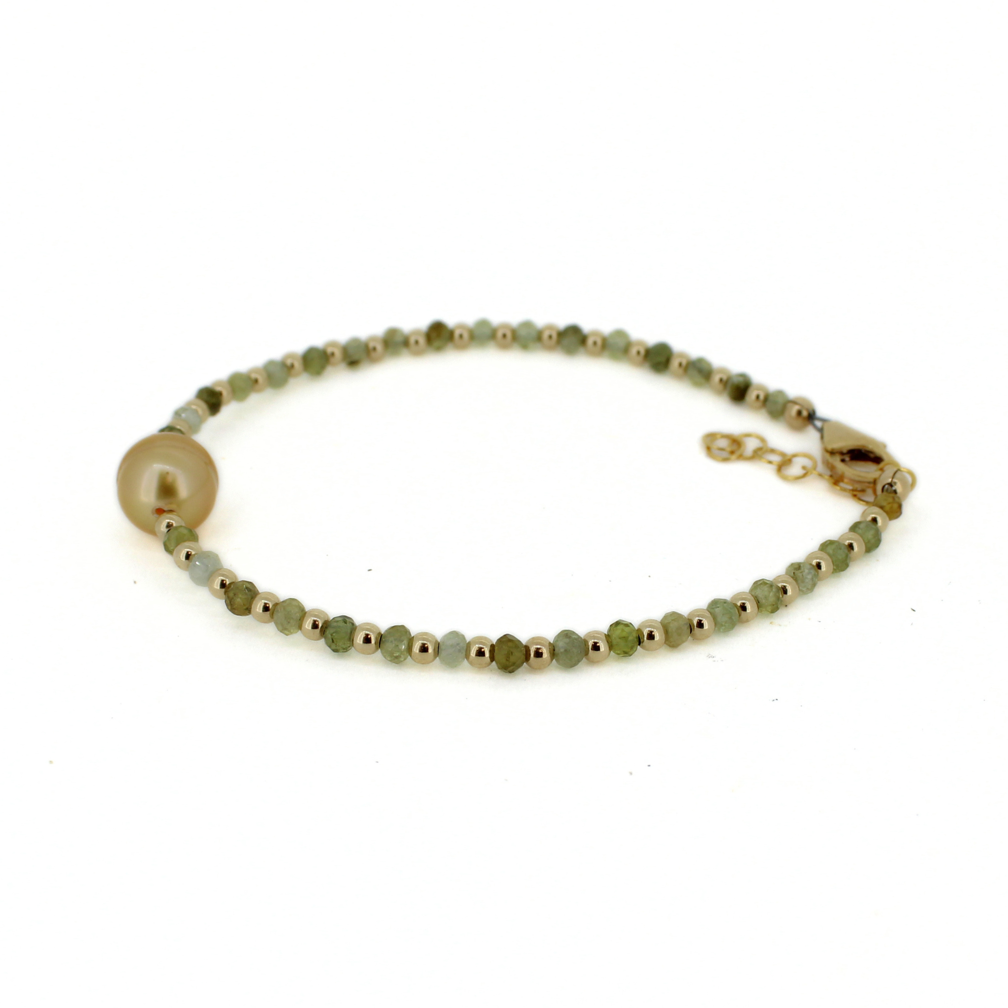 Green Garnet and Golden South Sea Pearl Bracelet Size Medium