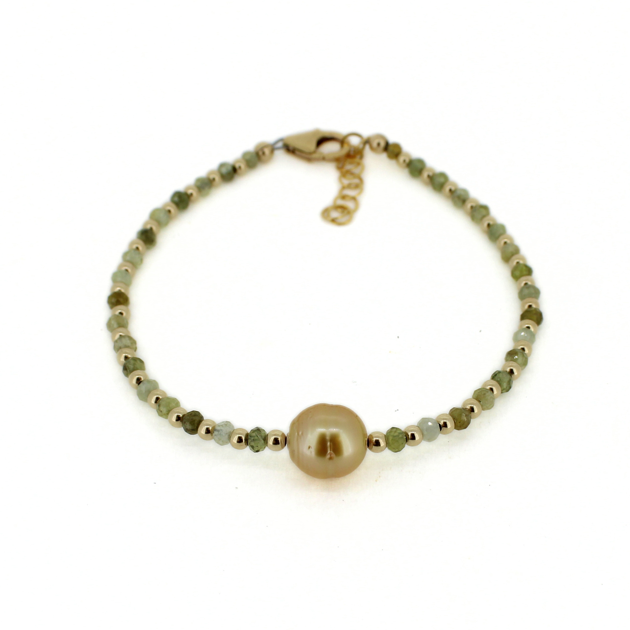 Green Garnet and Golden South Sea Pearl Bracelet Size Medium