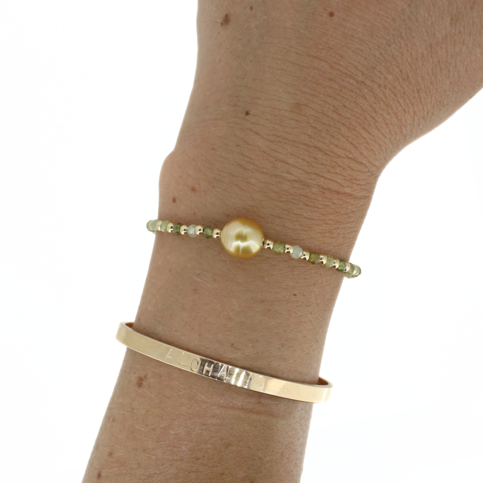 Green Garnet and Golden South Sea Pearl Bracelet Size Medium