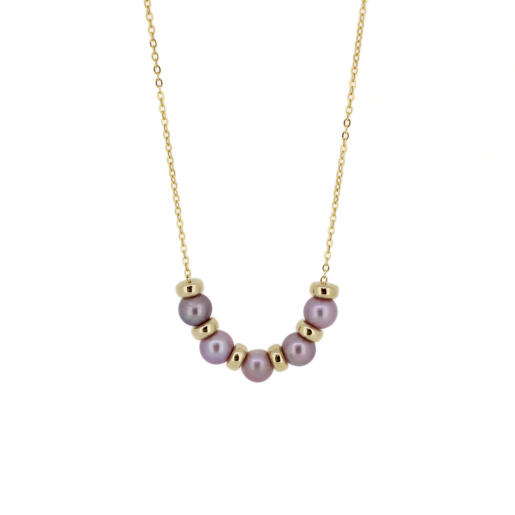 Brianne & Co. 14k gold fill dainty necklace featuring five tiny light purple Edison fresh water pearls