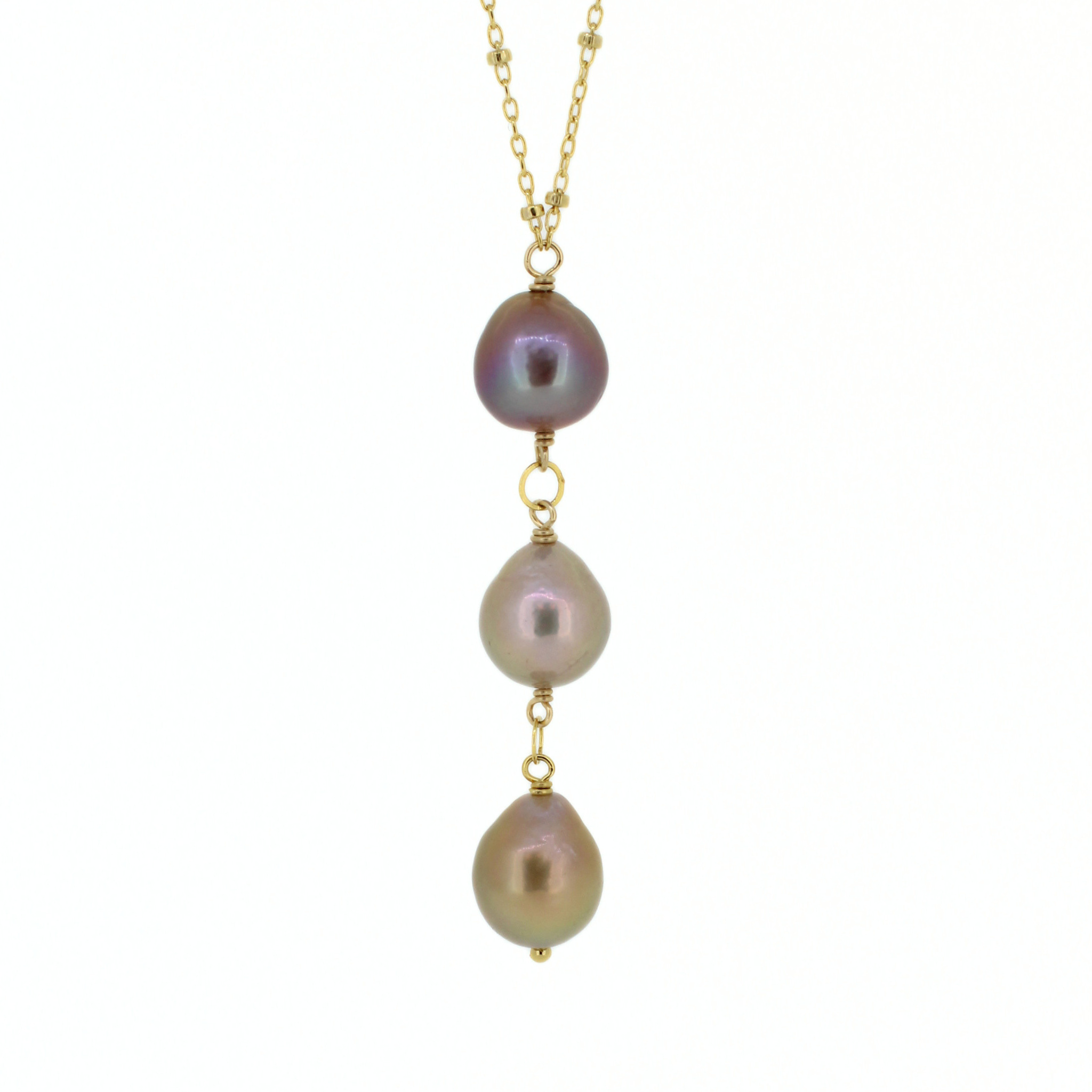 Brianne & Co. 14k gold fill lariat style necklace featuring three genuine fresh water Edison pearls