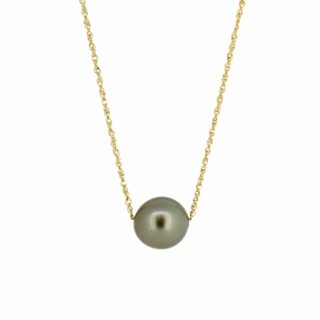 Brianne & Co. pistachio green Tahitian pearl on a 14k gold necklace