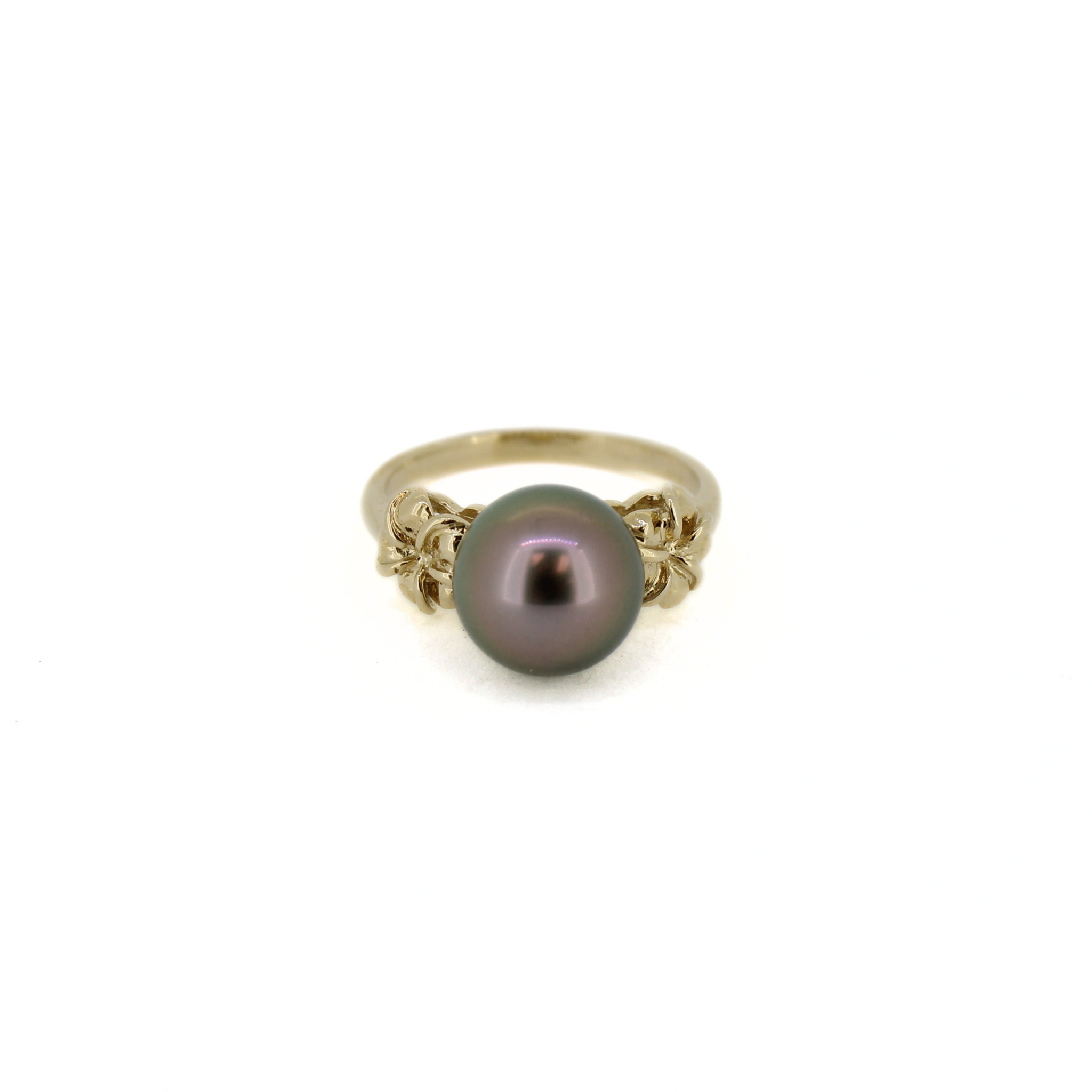 Brianne & Co. 14k gold ring featuring a flawless Tahitian pearl between two little plumeria flowers