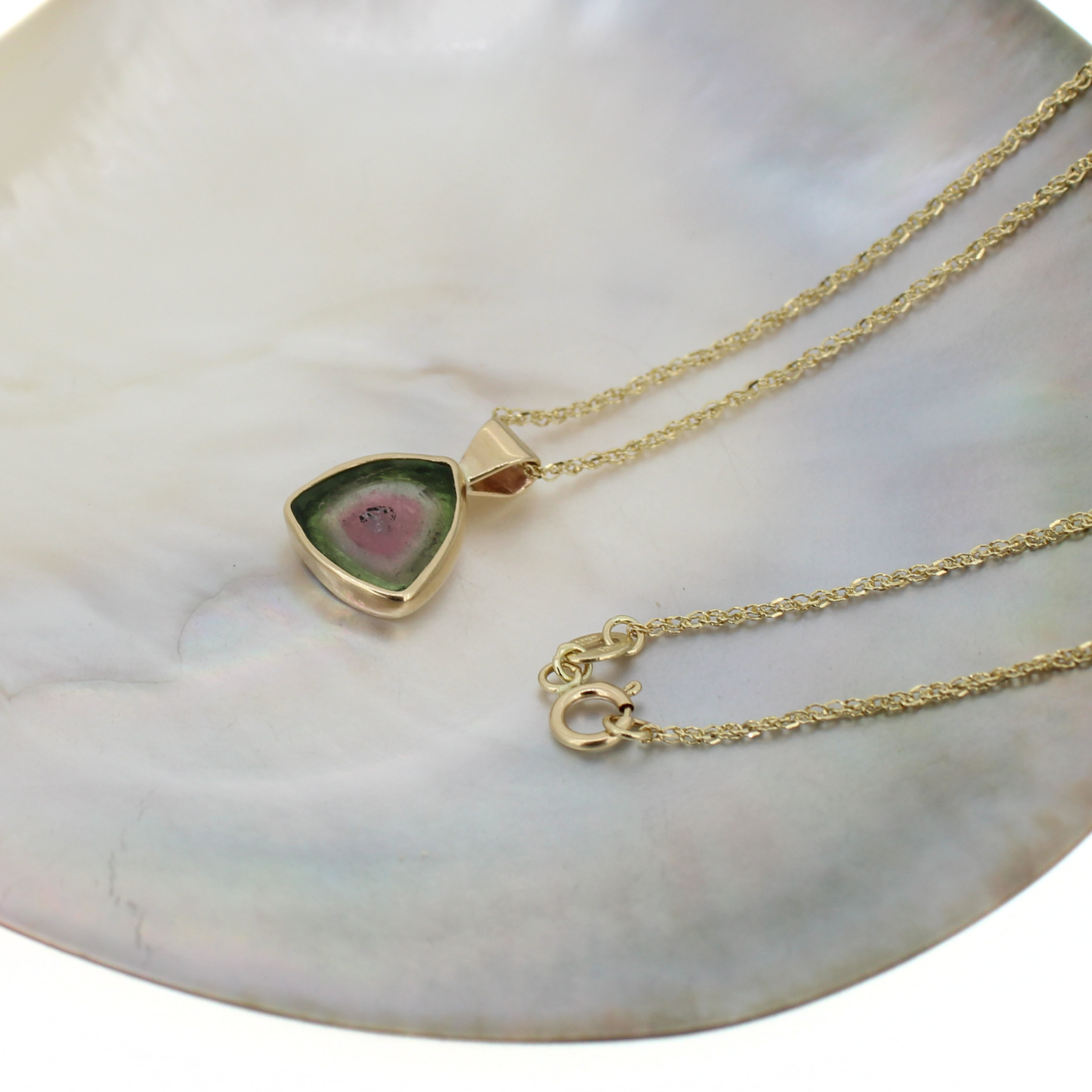 14k gold chain necklace with teardrop watermelon tourmaline pendant