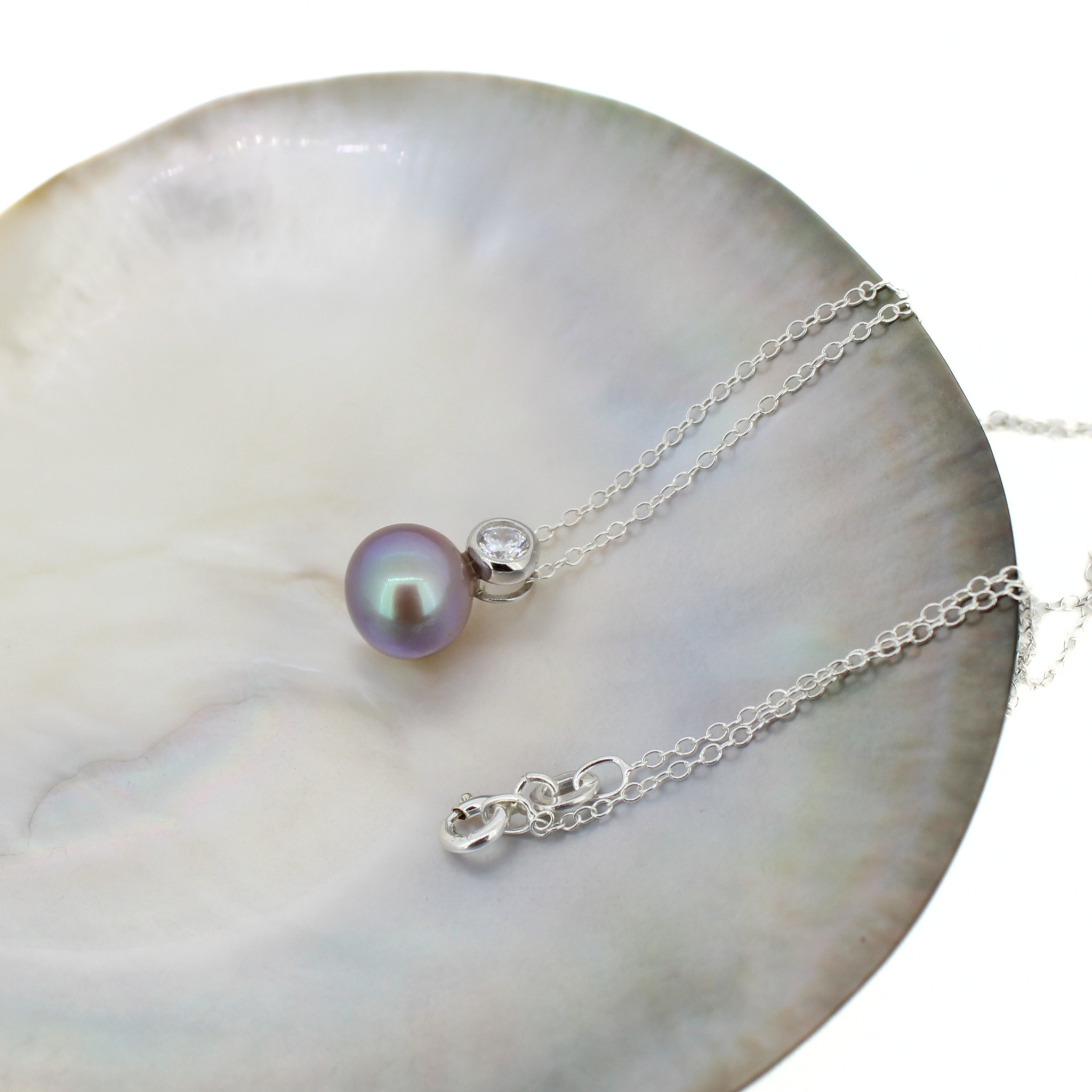 Sterling Edison Pearl Necklace w/ Bezel Set CZ