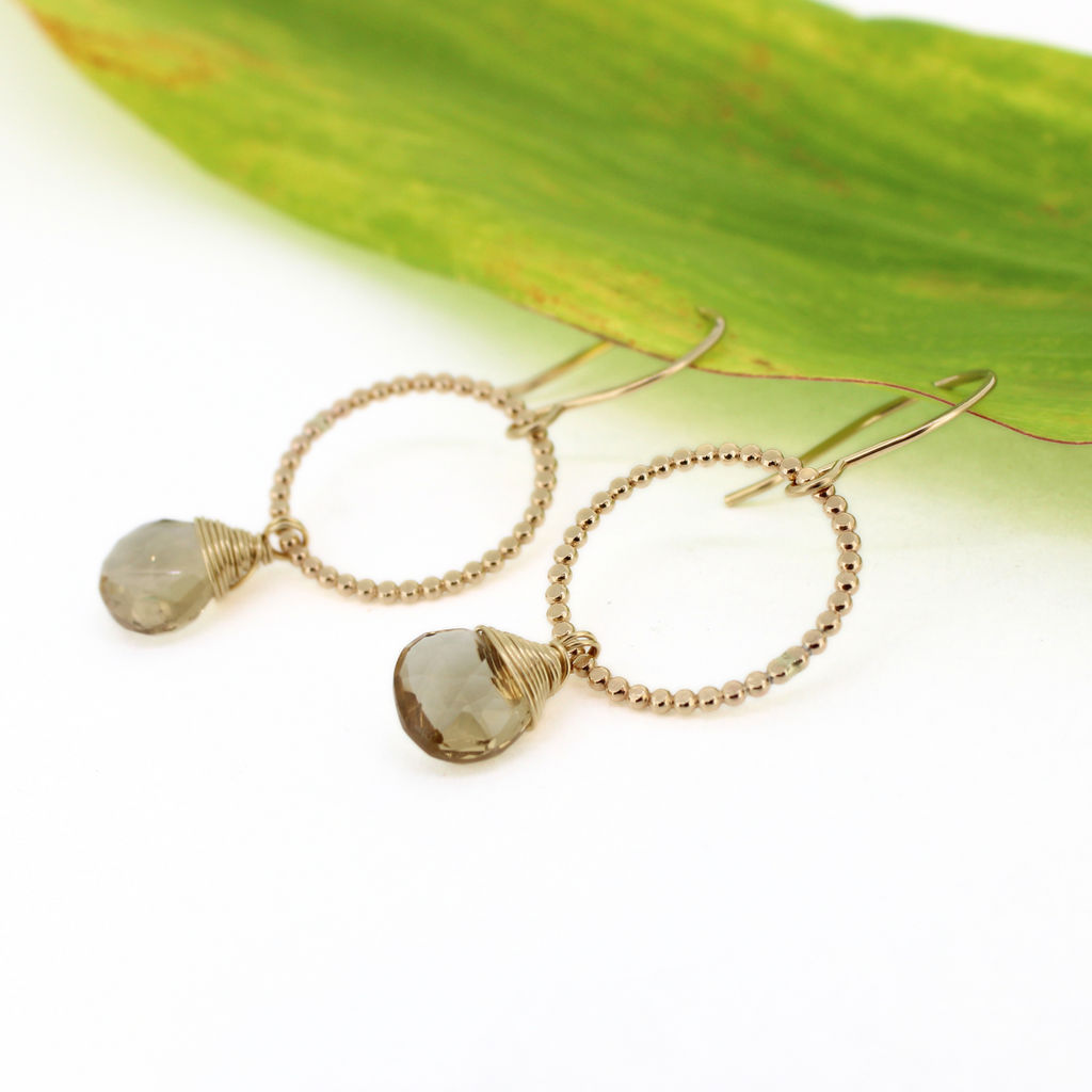 Brianne & Co. gold fill hoop earrings w/ faceted champagne topaz gemstones
