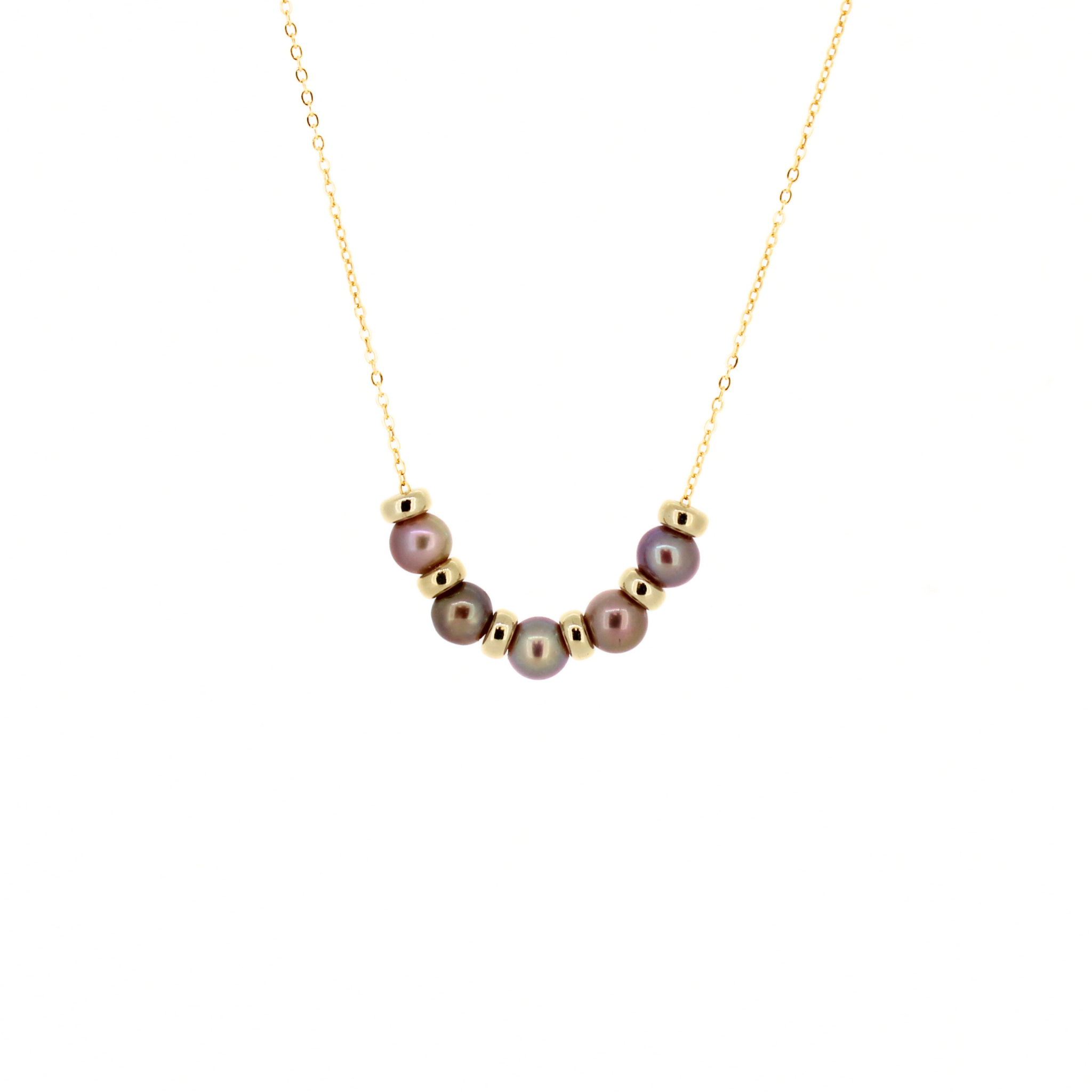 Brianne & Co. 14k gold fill necklace featuring five tiny bronze/purple Edison fresh water pearls