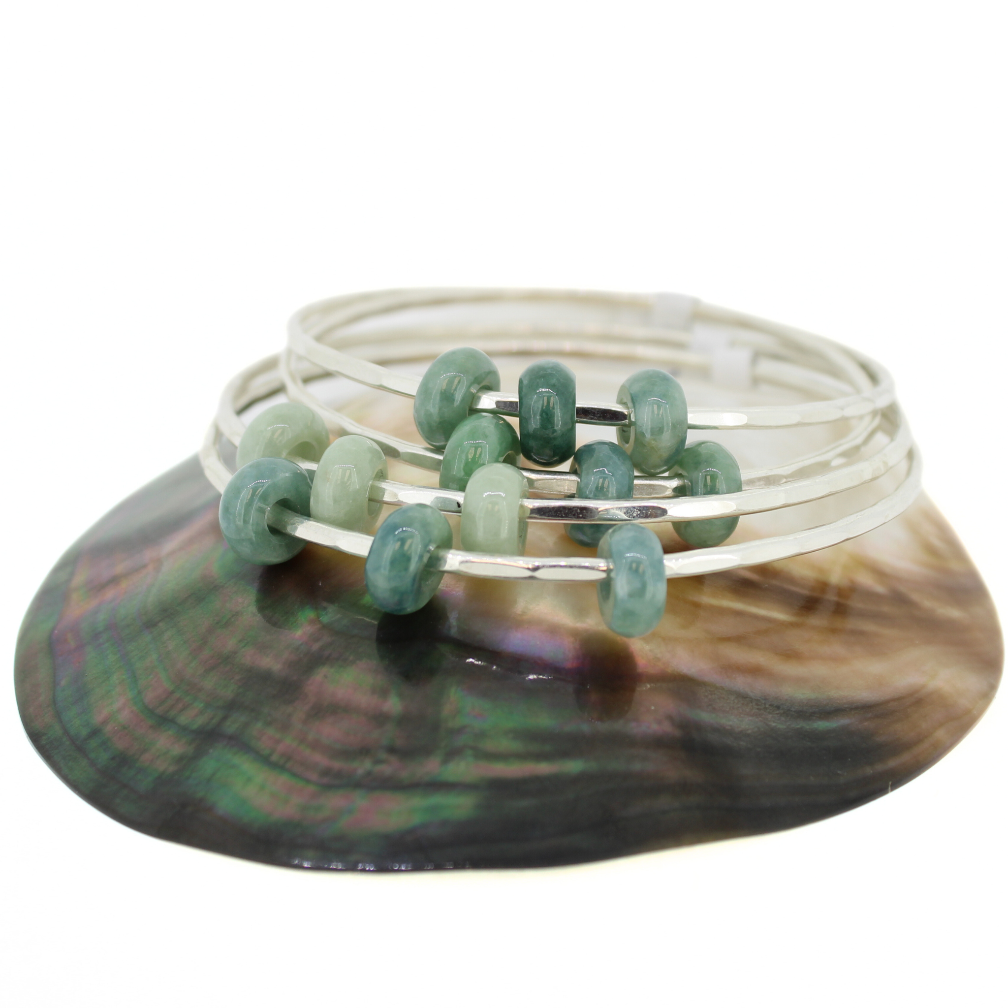 Brianne & Co. Sterling Silver Green Three Jade Donut Bangle