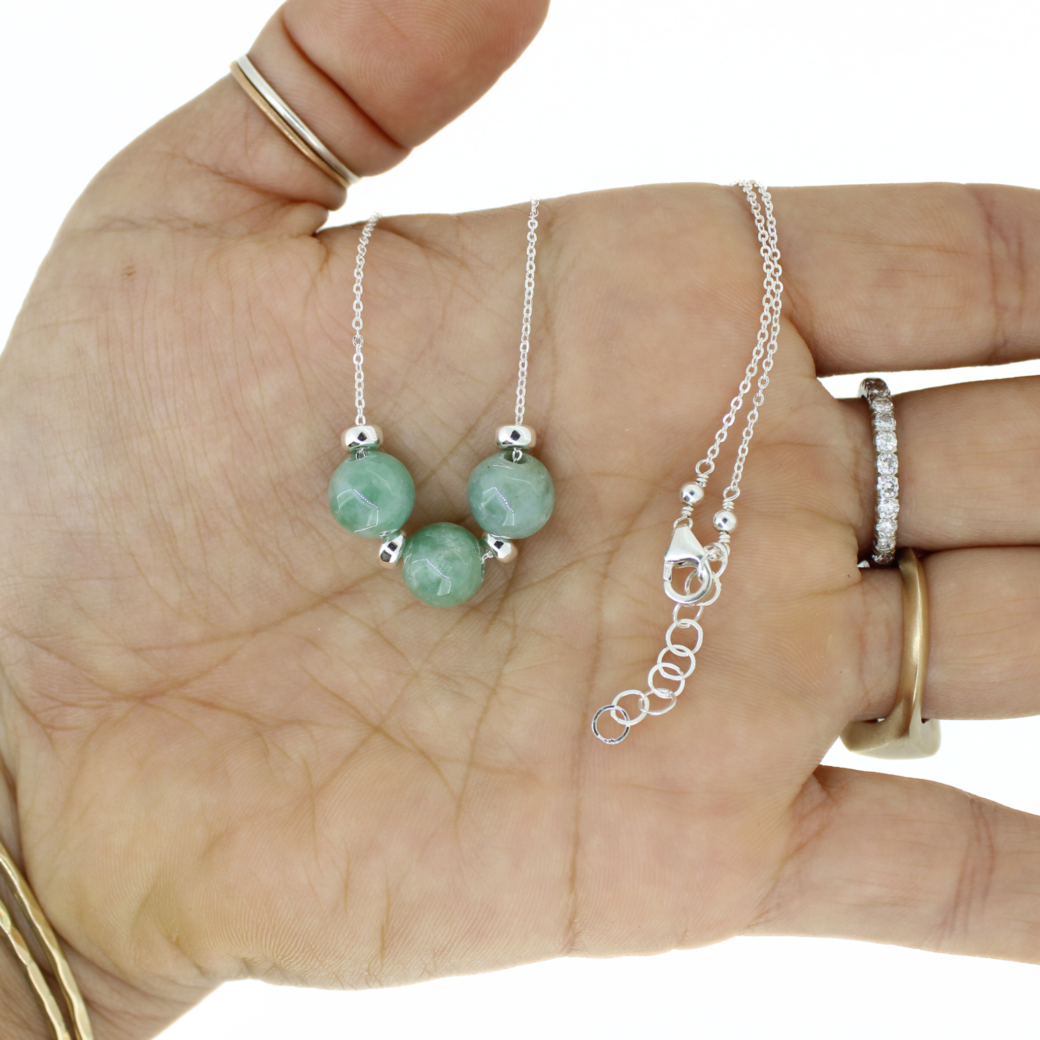 Sterling Silver 3 Jade Floating Necklace