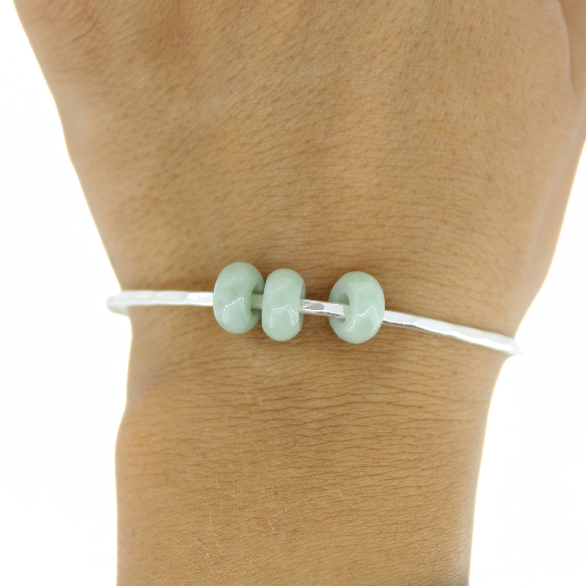 Sterling Silver Green Three Jade Donut Bangle