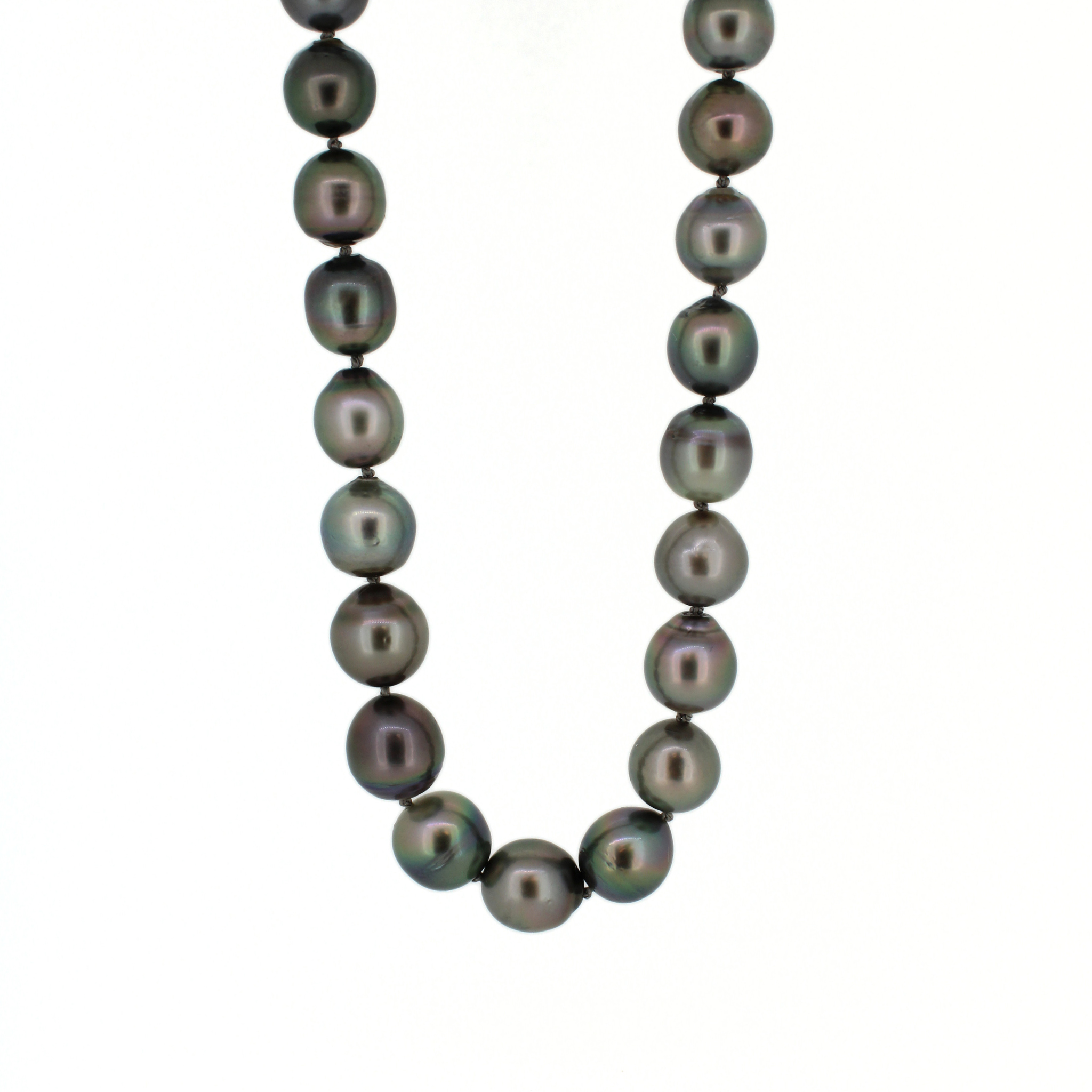 Brianne & Co. 14k gold full Tahitian pearl strand necklace hand strung and knotted on silk cord