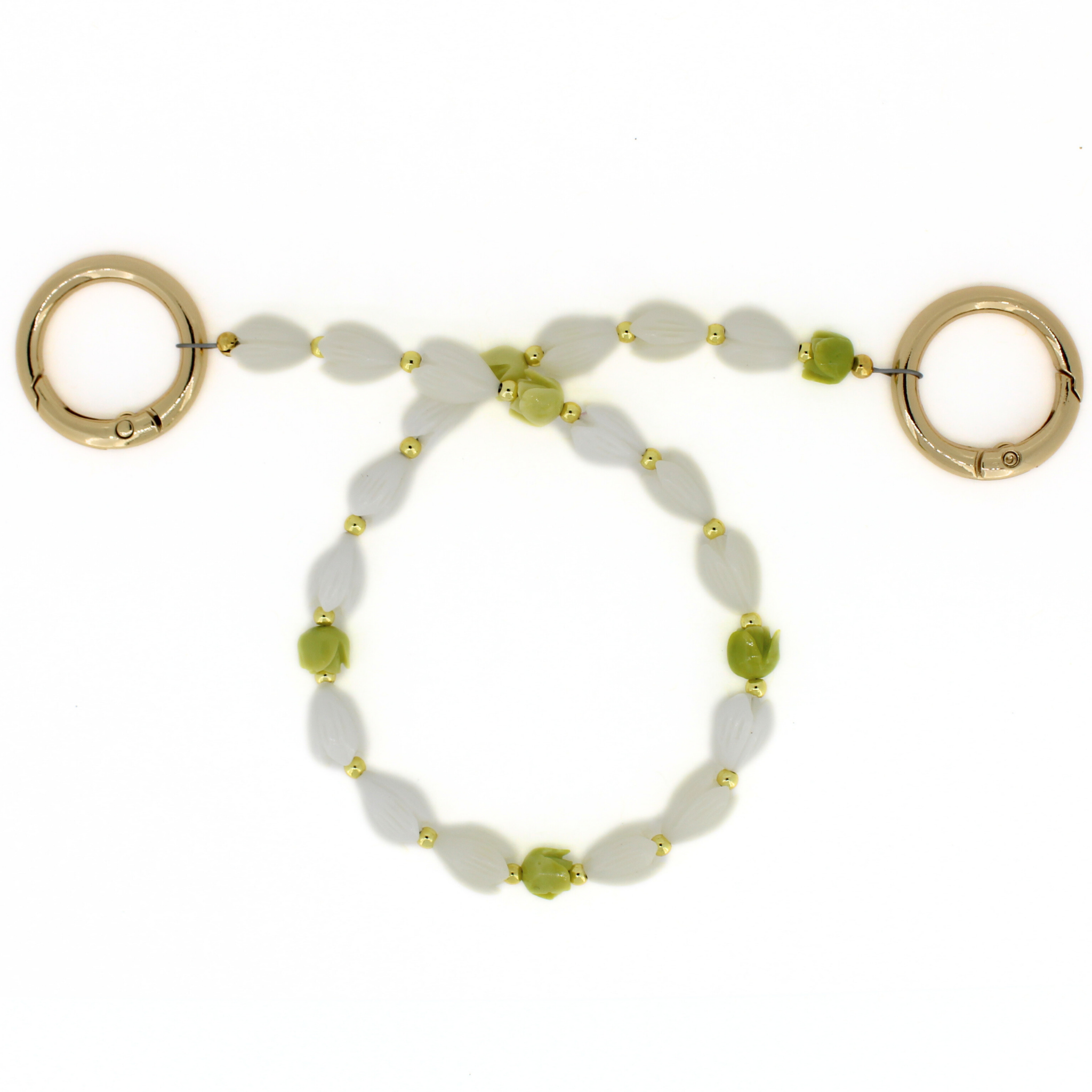 Floral bead lei necklace with gold rings and white flowers with green beads on loop