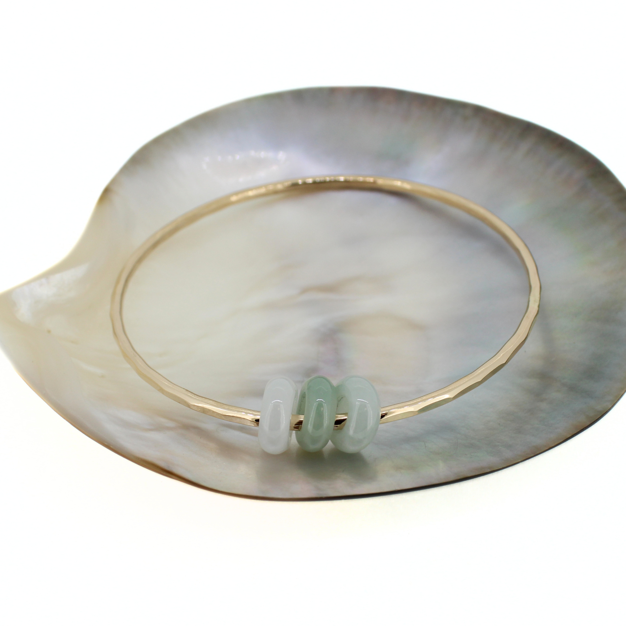 Brianne & Co. 14k gold fill hammered bangle with three jade donut beads
