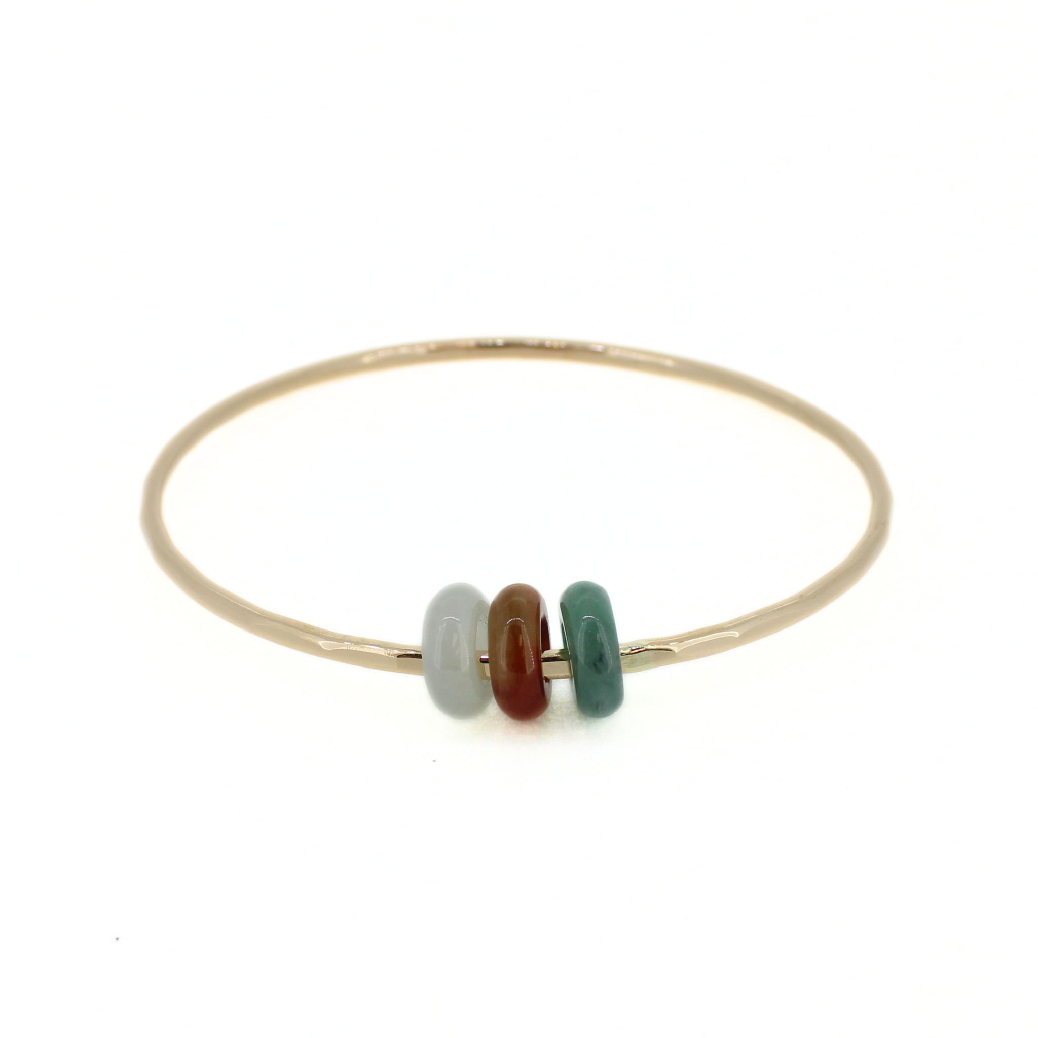 Brianne & Co. 14k gold fill hammered bangle bracelet featuring colorful jade beads
