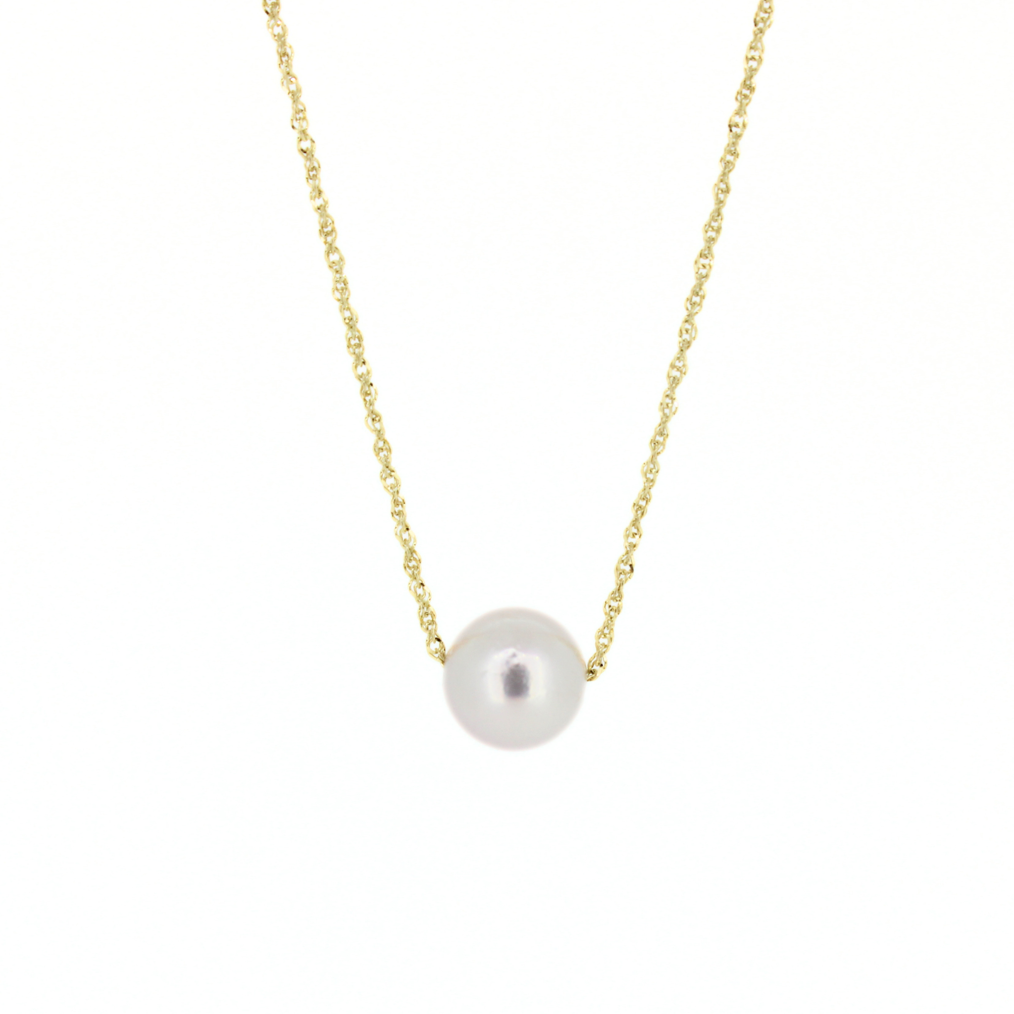A delicate gold chain necklace featuring a single white akoya pearl pendant, shown against a plain white background. Handmade in Kauai, Hawaii by Brianne & Co.