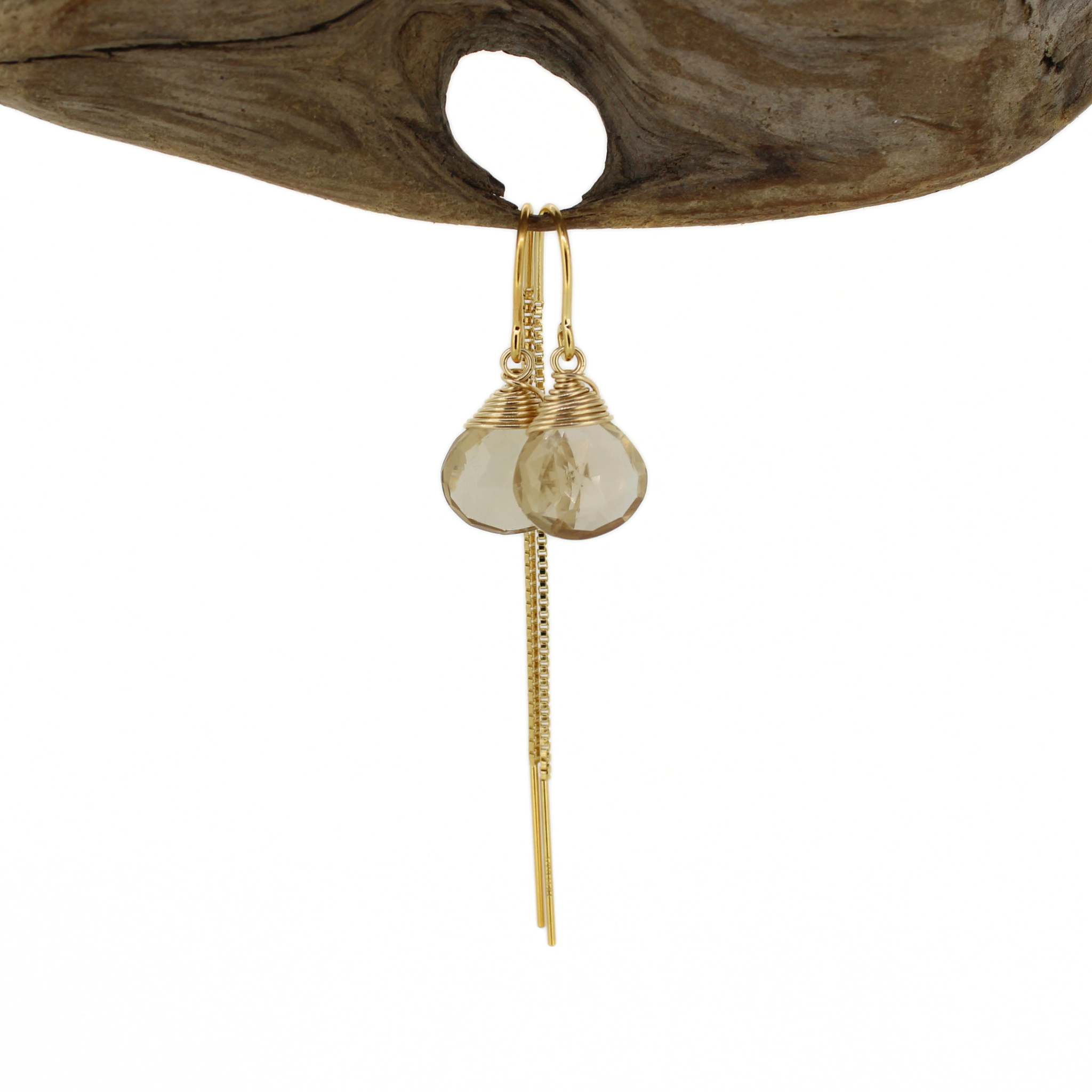 Gold Fill Short Champagne Topaz Threader Earrings front view