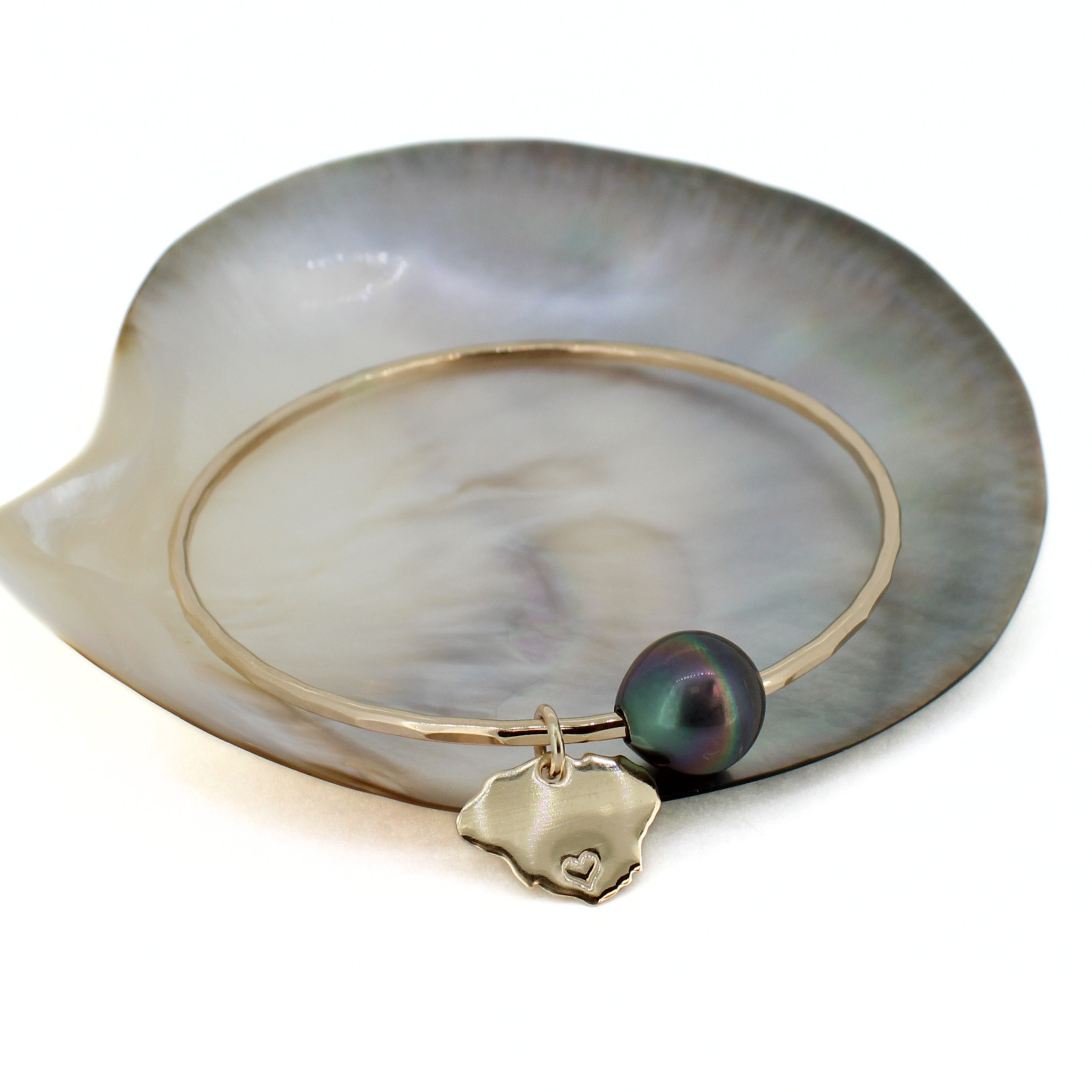 Gold Tahitian Pearl Bangle w/ Kauai Charm Size 7.75