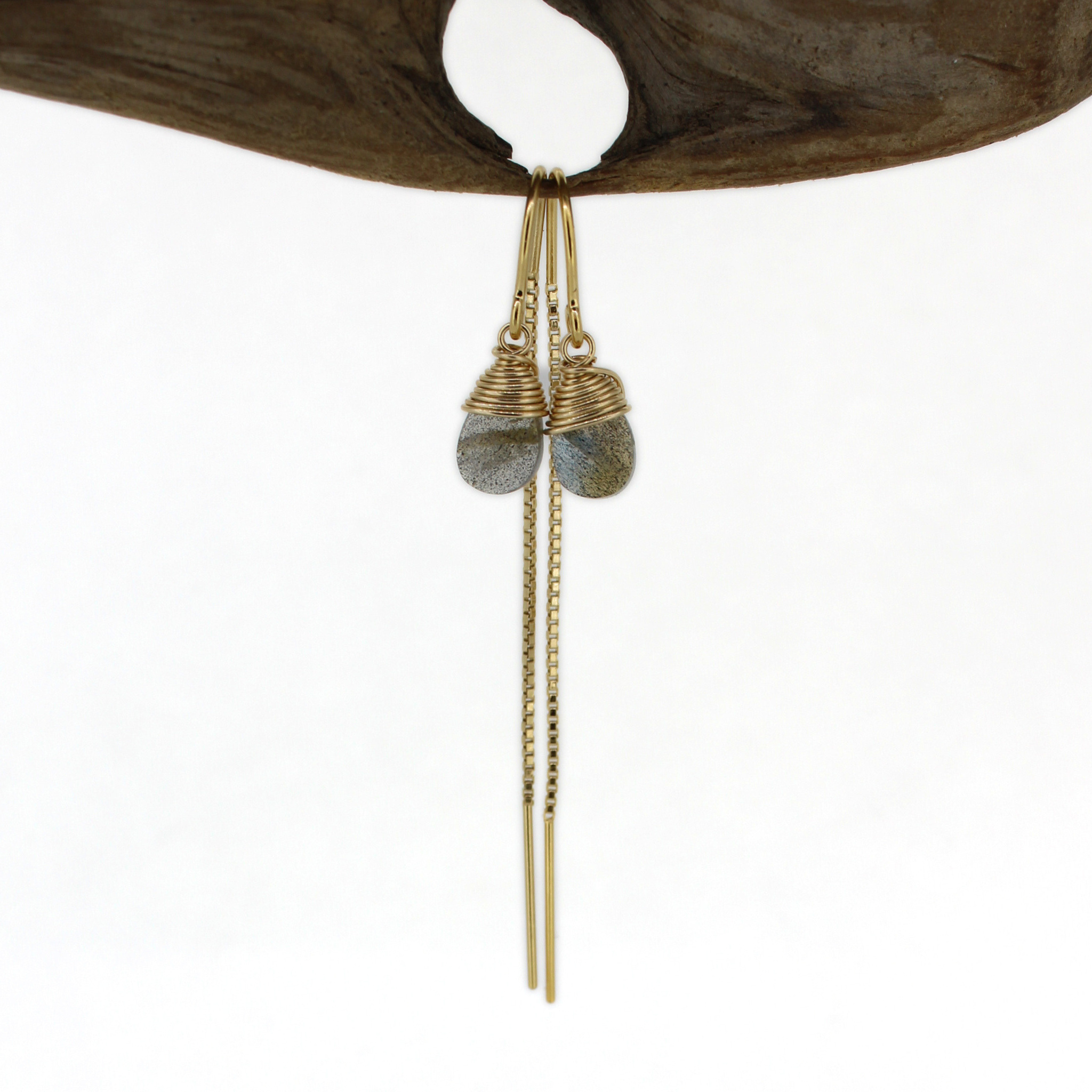 Brianne & Co. gold fill labradorite threader earrings front view