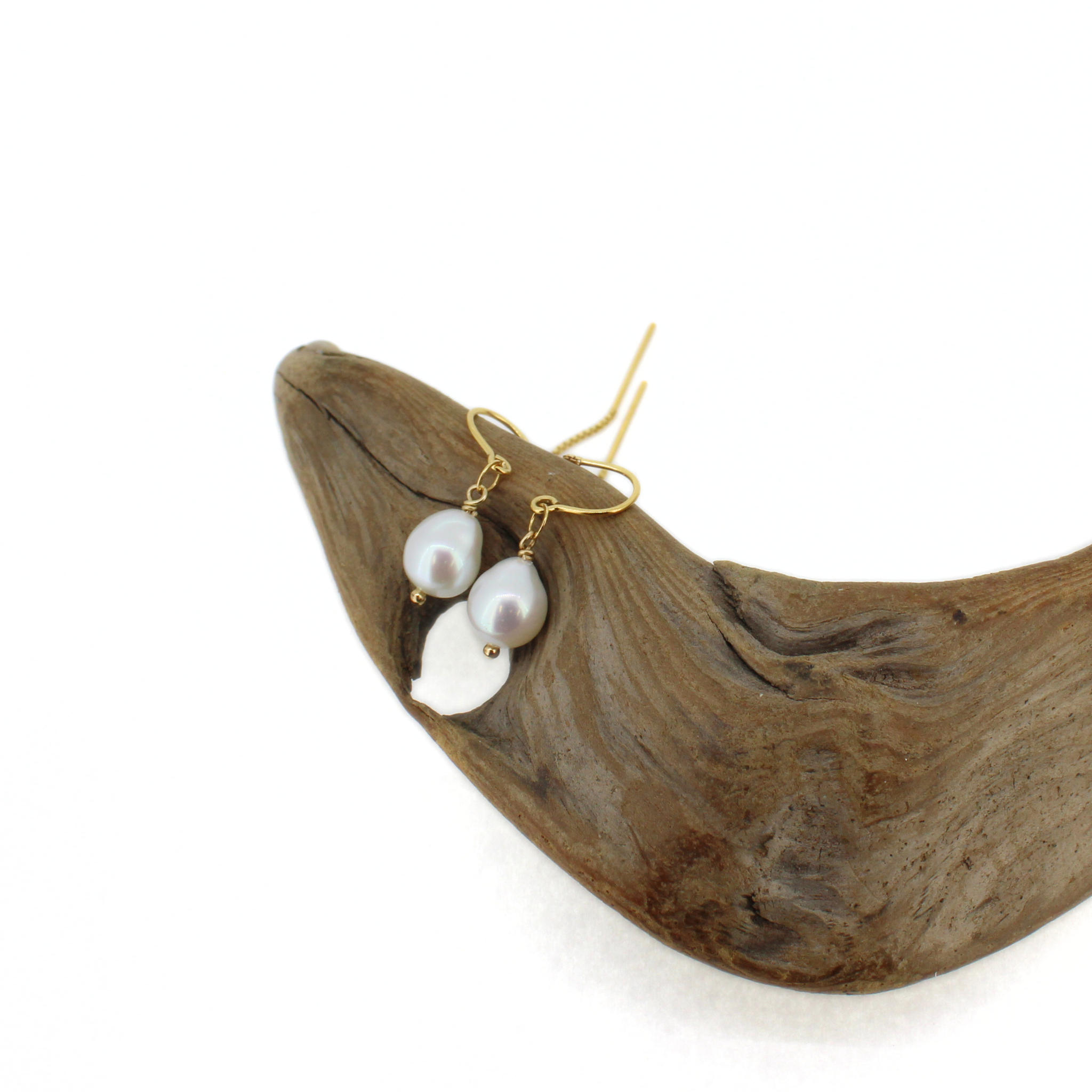 Gold White Fresh Water Pearl Threader Earrings