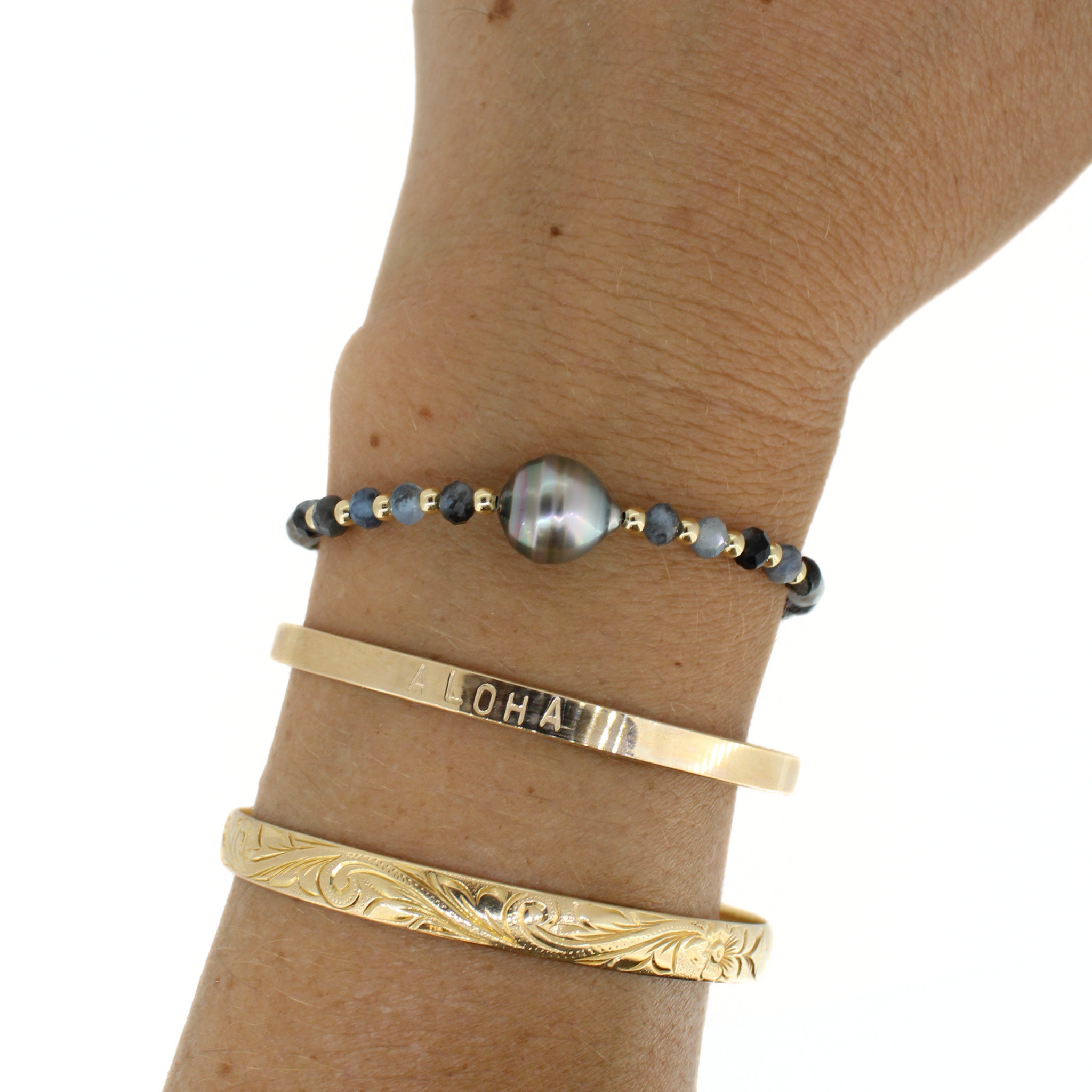 Gold Aquamarine & Tahitian Pearl Bracelet Size Small