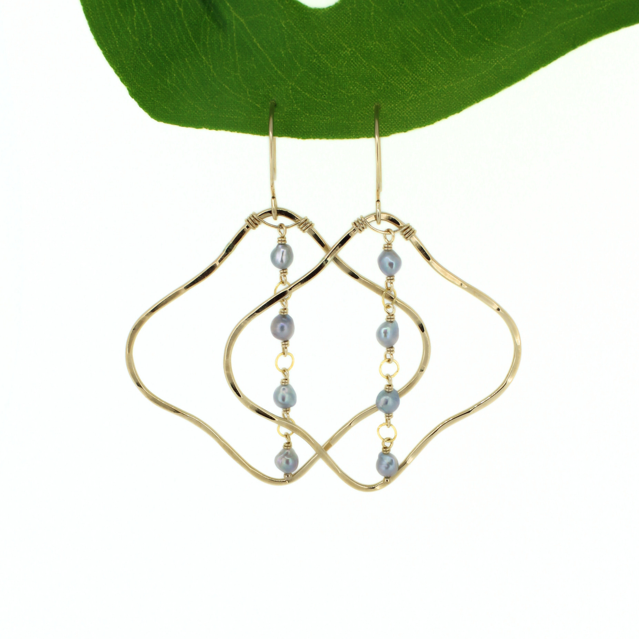 Brianne & Co. 14k gold fill Moroccan hoop earrings featuring light blue genuine akoya pearls