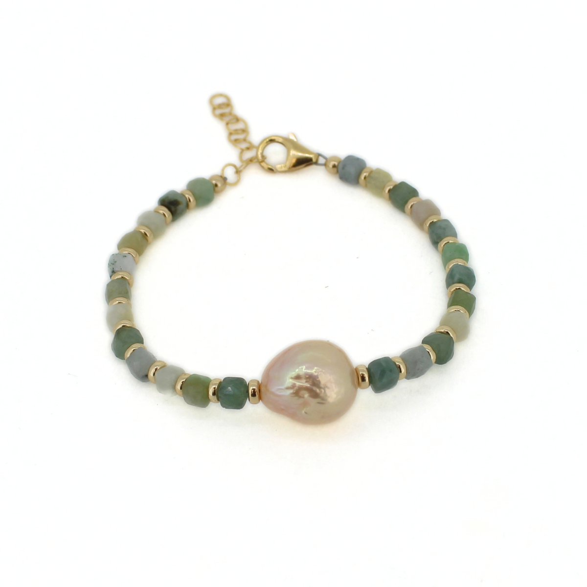 A beaded bracelet featuring a large, irregular baroque pearl as the centerpiece, surrounded by small green and gray beads separated by gold spacer rings, and finished with a gold clasp on a white background.