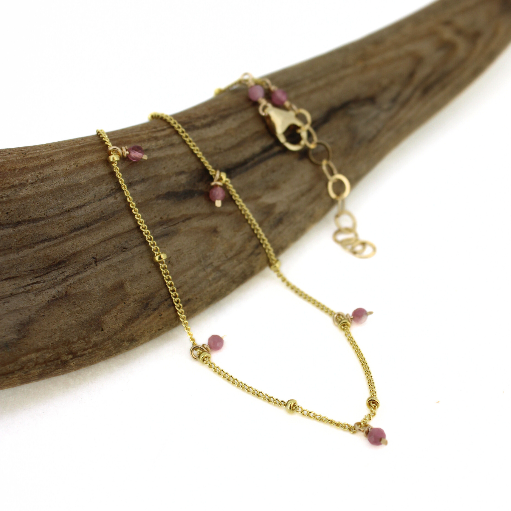 Gold fill anklet with pink gemstone beads and link chain, lobster clasp and extender