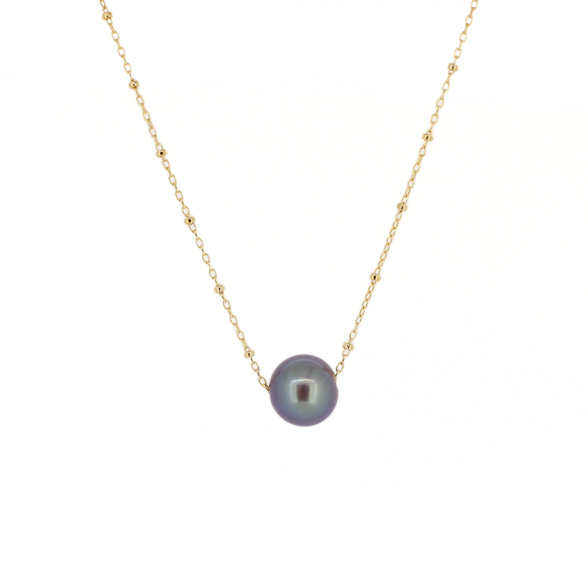 Dainty gold satellite chain with a purple fresh water pearl pendant shown against a plain white background.