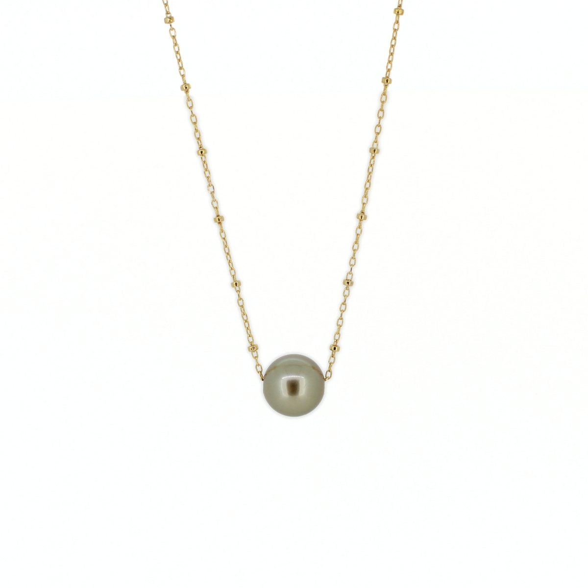 A gold satellite chain necklace featuring a green Tahitian pearl pendant, shown against a plain white background.